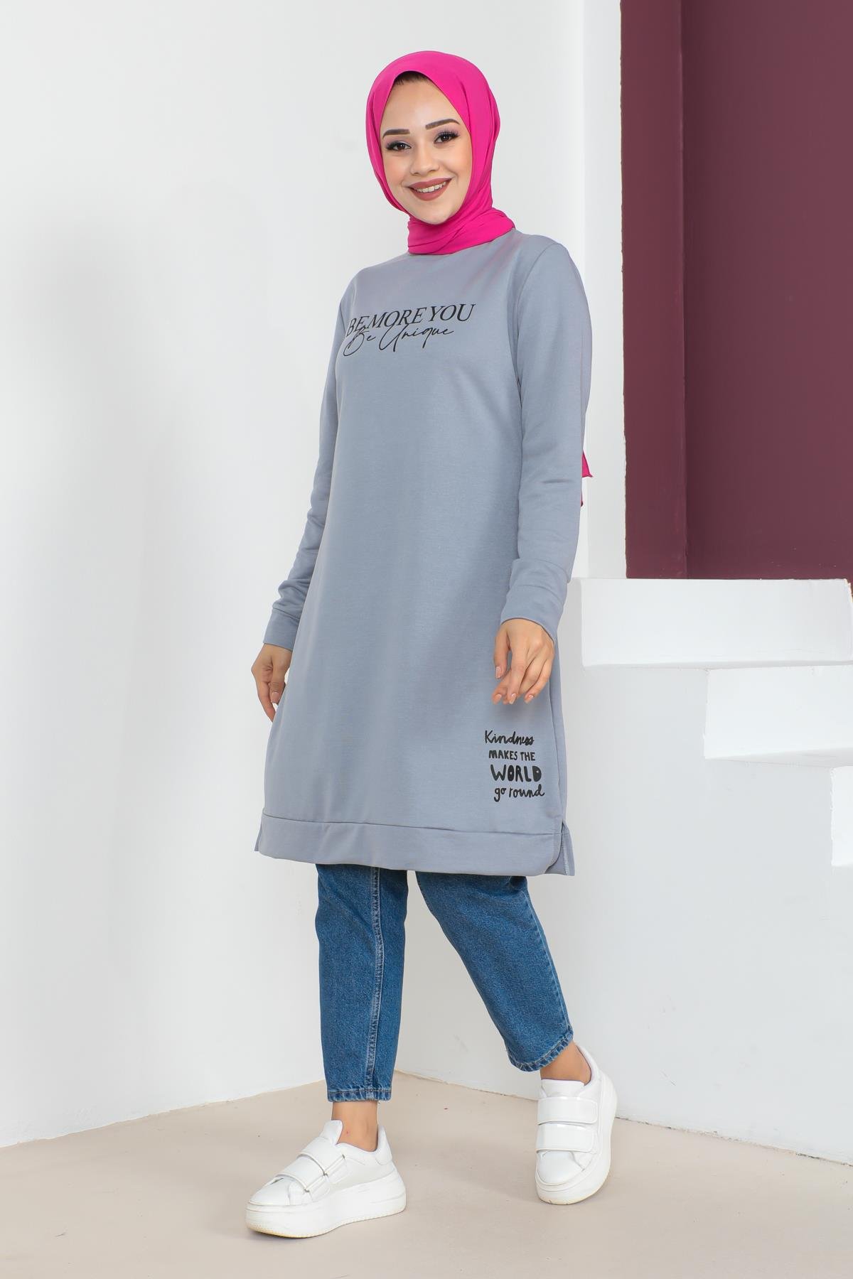 Affan Moda | Baskılı Tesettür Tunik Gri- Modern Tesettür Giyim