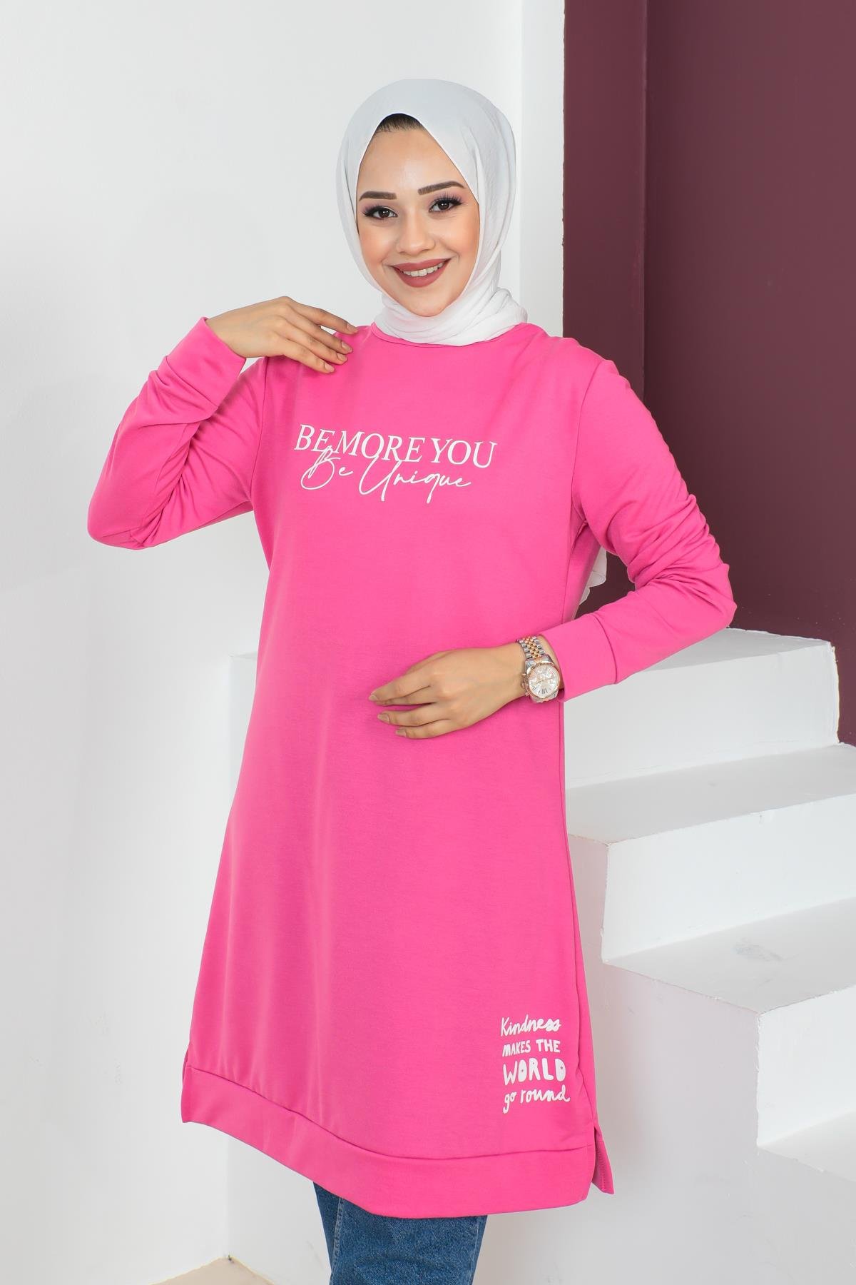 Affan Moda | Baskılı Tesettür Tunik Fuşya- Modern Tesettür Giyim