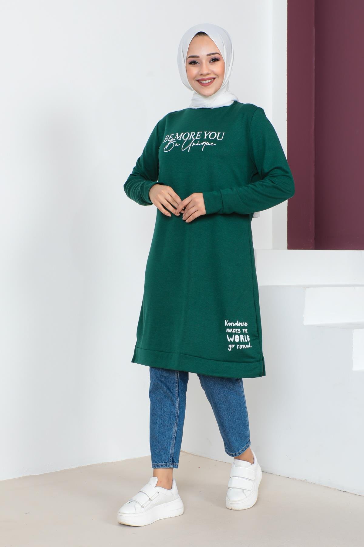 Affan Moda | Baskılı Zümrüt Tesettür Tunik i- Modern Tesettür Giyim