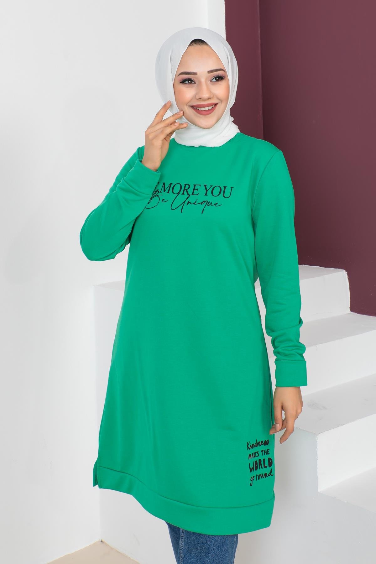 Affan Moda | Baskılı Tesettür Tunik Benetton Yeşili- Modern Tesettür Giyim