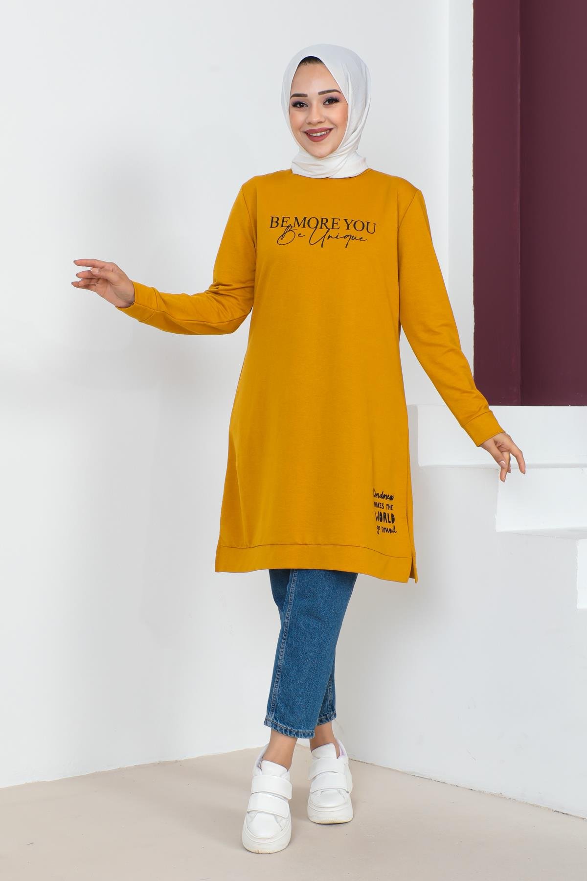 Affan Moda | Baskılı Tesettür Tunik - Safran - Modern Tesettür Giyim