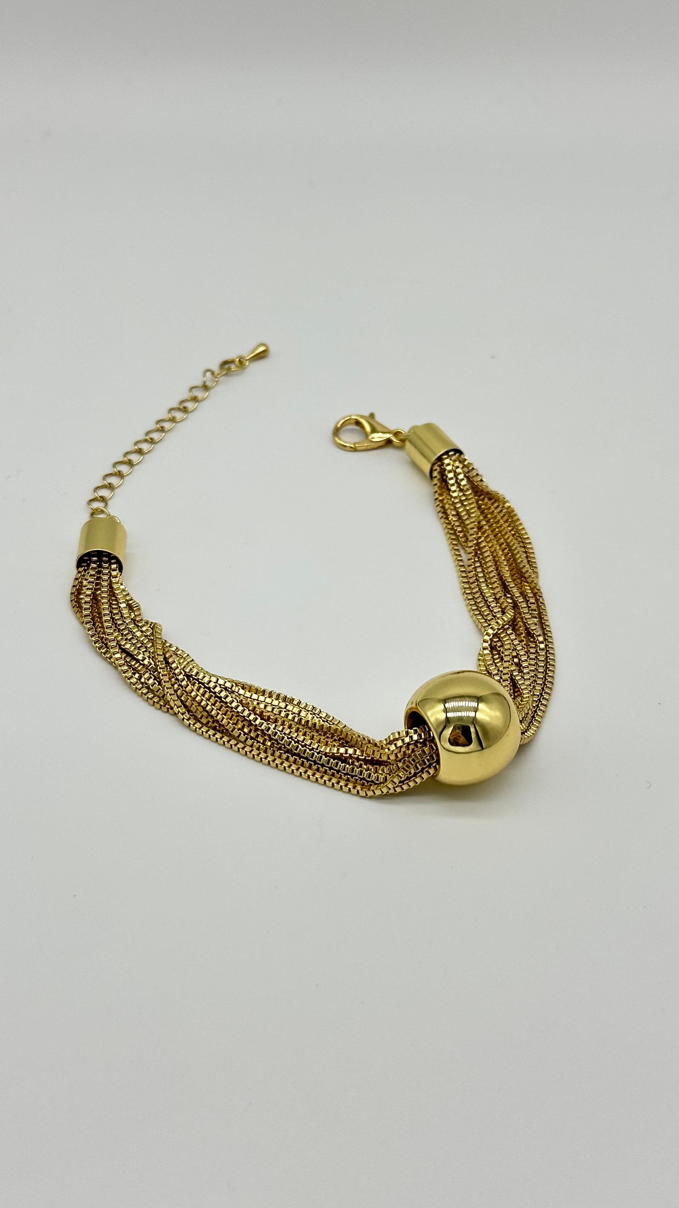 Çoklu Zincirli Topçuk Detay Gold Bileklik