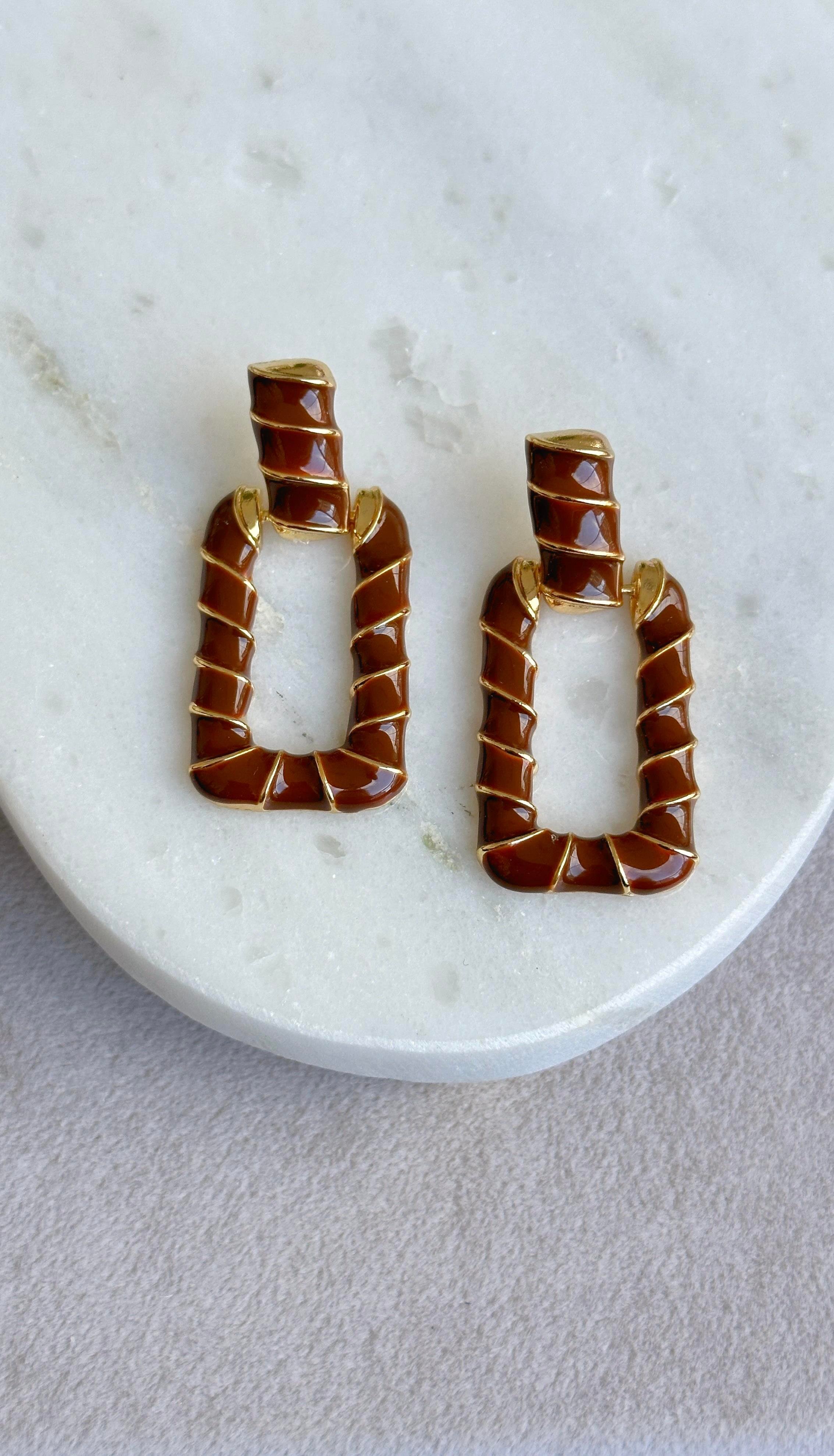 Kahve Gold Dikdörtgen Plaka Küpe 5cm