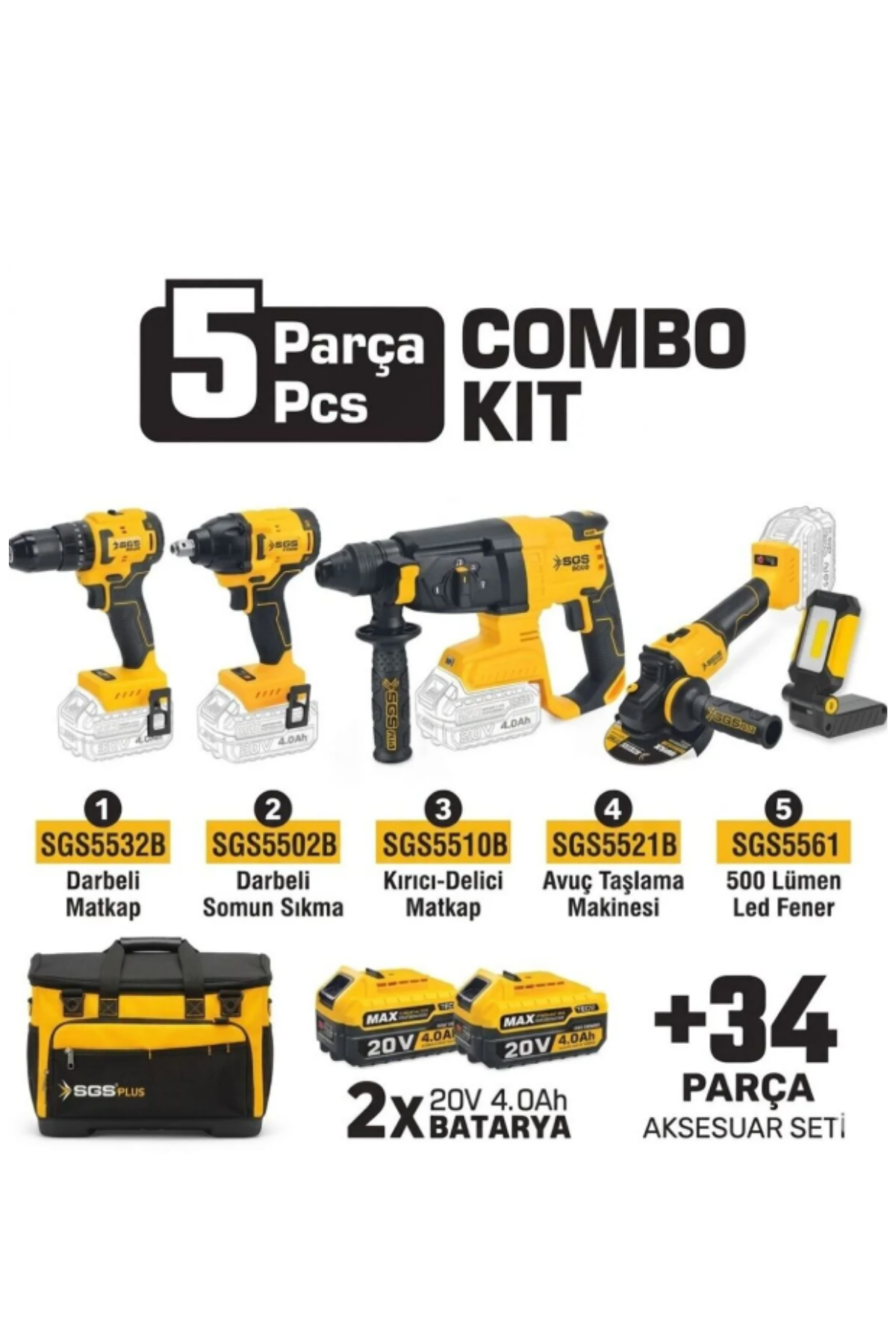 SGS COMBO SET 5 PARÇA (Darbeli Matkap/Kırıcı-Delici Matkap/Avuç Taslama Makinesi/Darbeli Somun Sıkma/Led Fener)