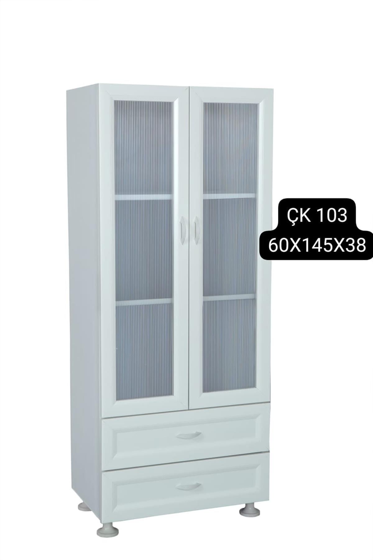 PVC Plastik - Çok amaçlı banyo ve balkon dolabı - Geniş ve uzun camekanlı dolap, çift çekmeceli