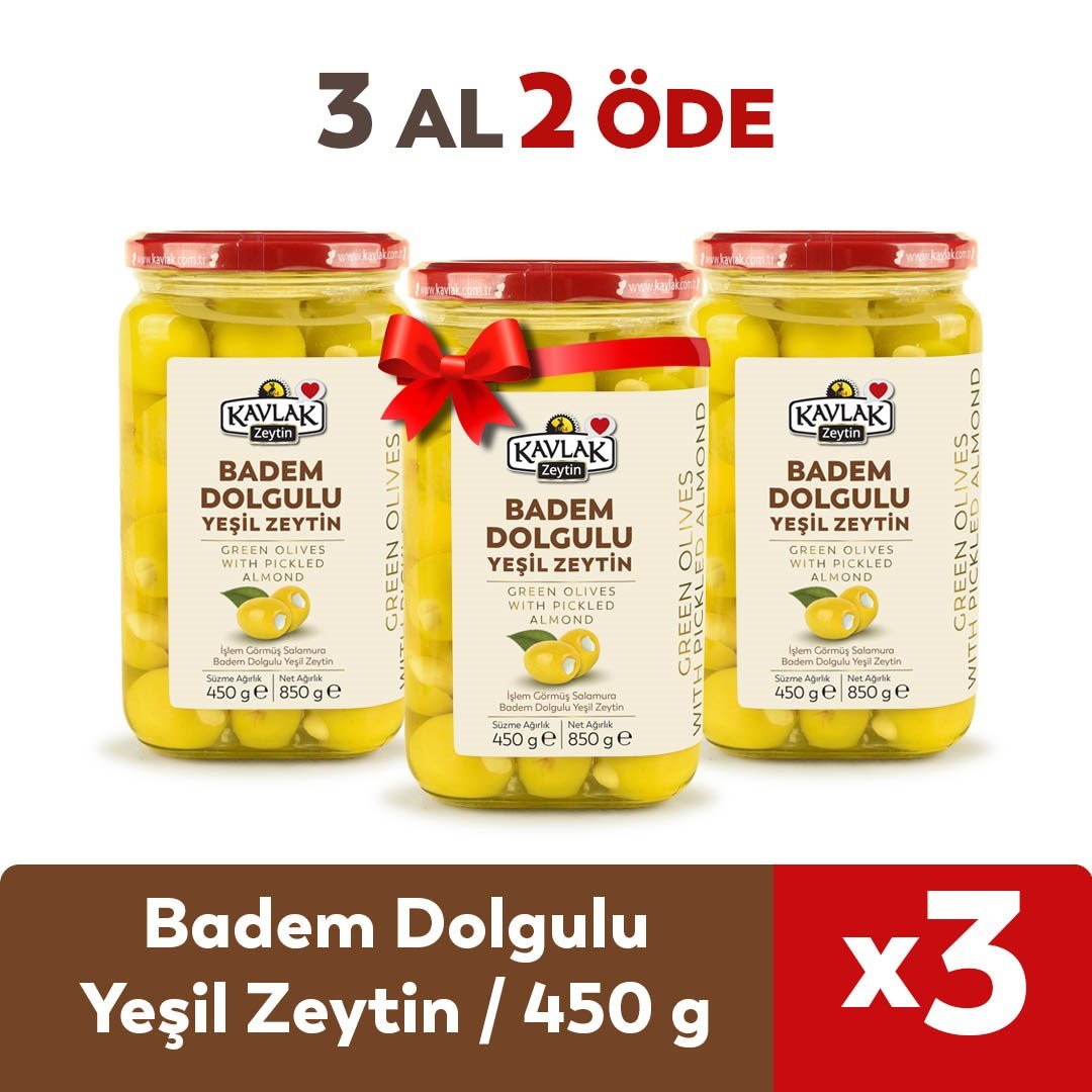 Badem Dolgulu Yeşil Zeytin 450 Gr Cam Kavanoz 3 Al 2 Öde