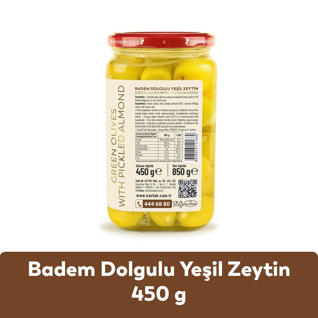 Badem Dolgulu Yeşil Zeytin 450 Gr Cam Kavanoz