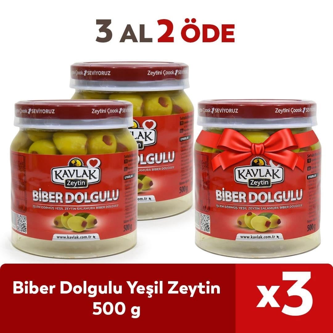 Biber Dolgulu Yeşil Zeytin 500 Gr 3 Al 2 Öde