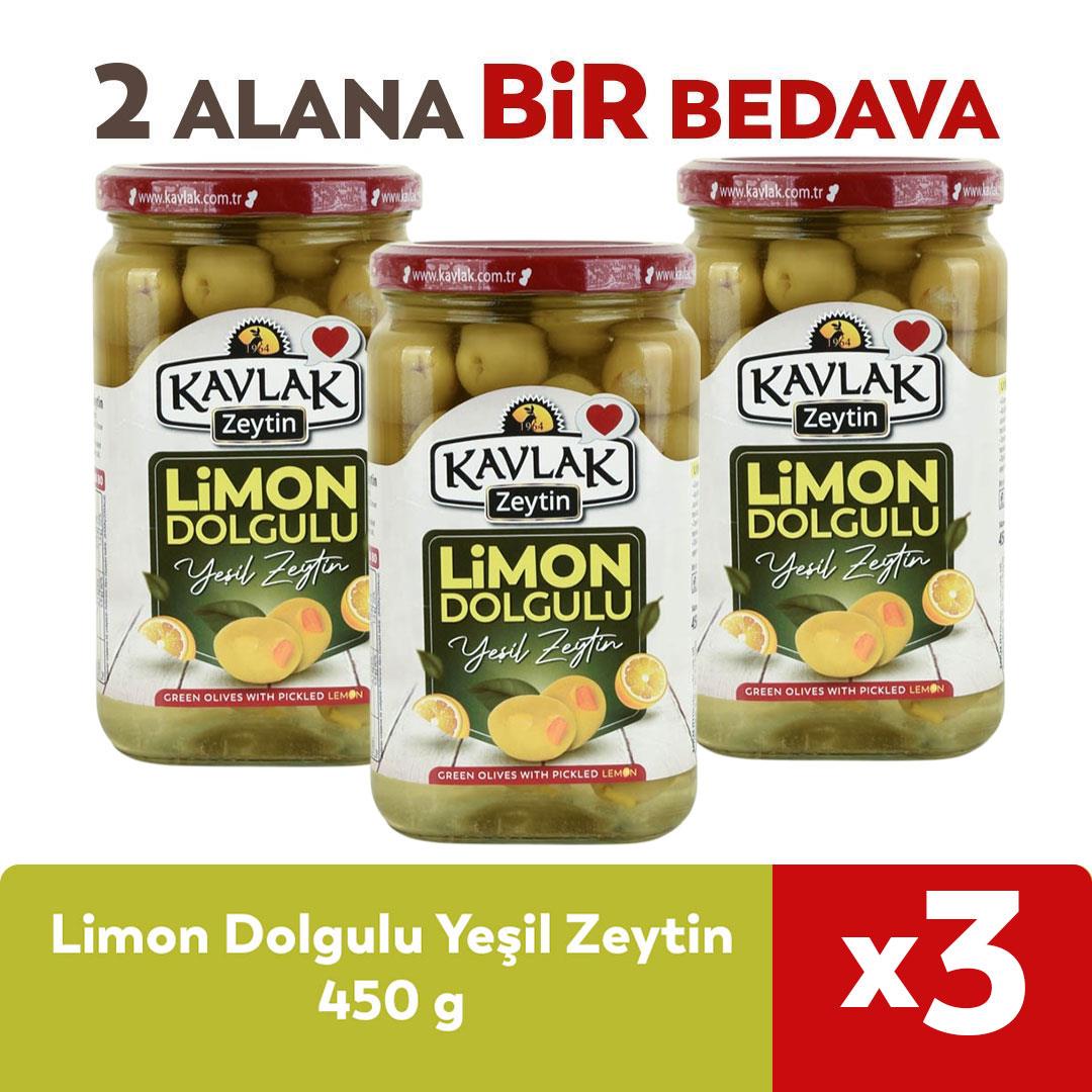 Limon Dolgulu Yeşil Zeytin Cam Kavanoz 450gr 2 Alana 1 Bedava