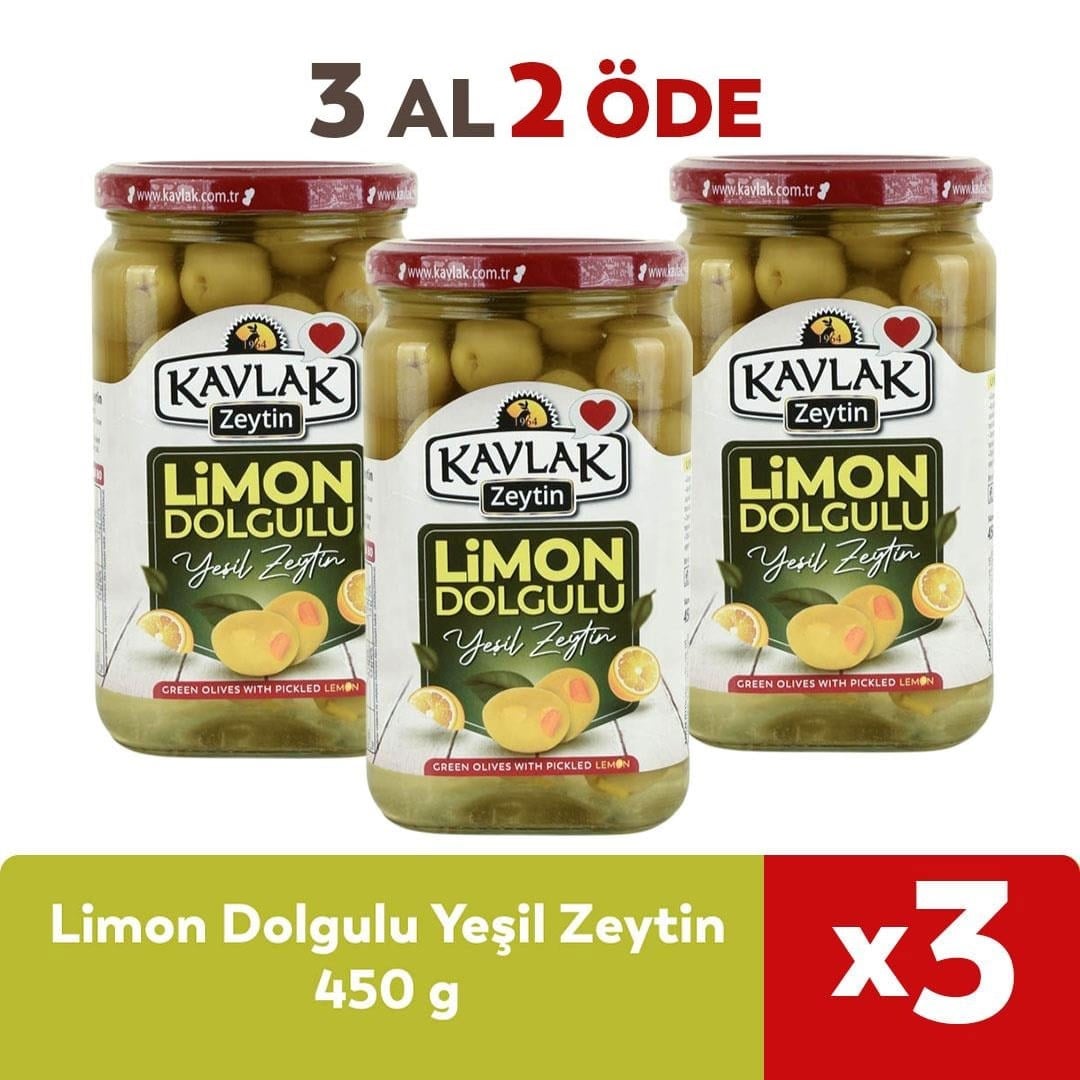 Limon Dolgulu Yeşil Zeytin Cam Kavanoz 450gr 3 Al 2 Öde