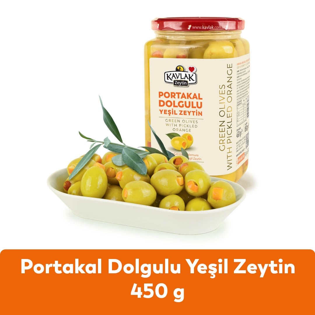 Portakal Dolgulu Yeşil Zeytin Cam Kavanoz 450gr 3 Al 2 Öde