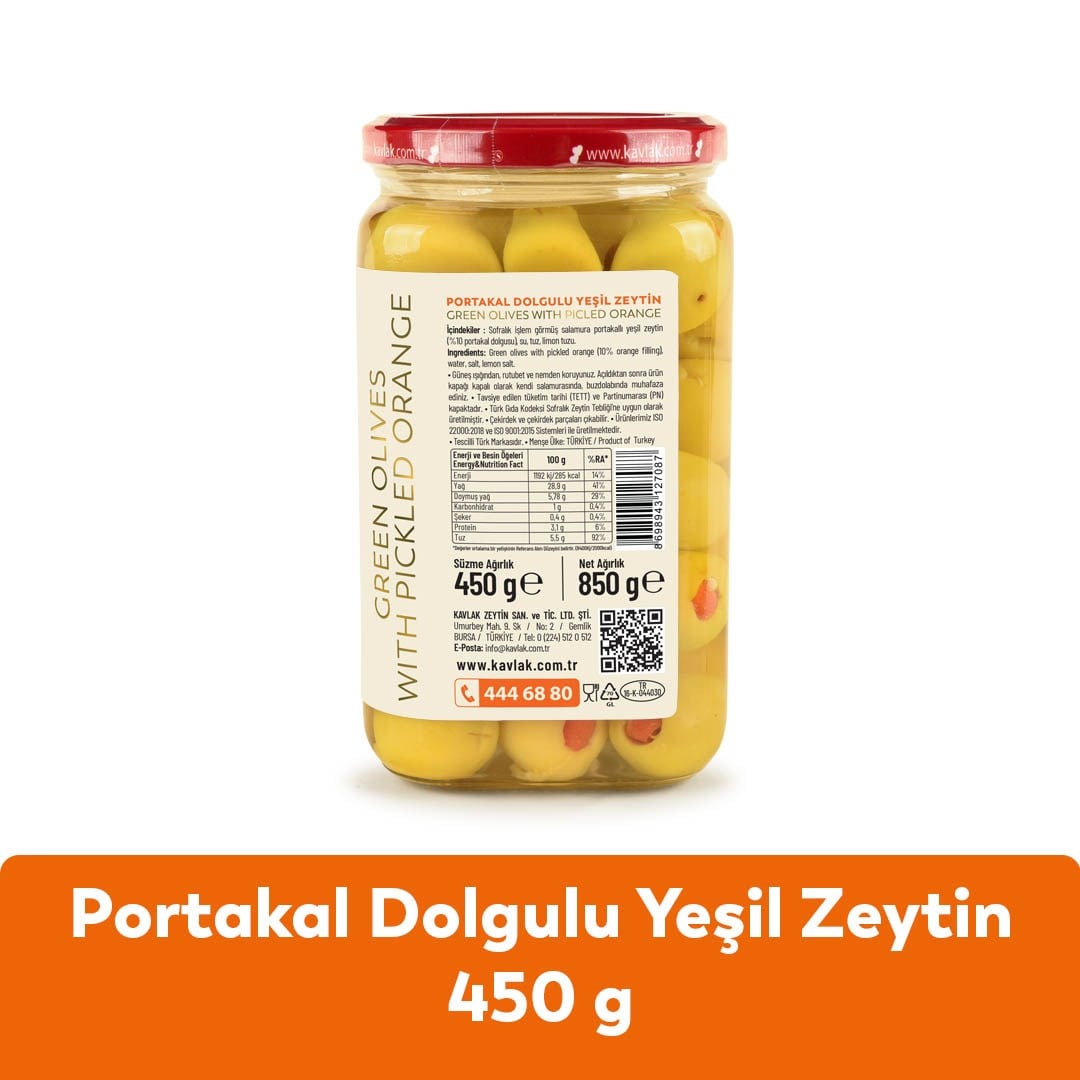 Portakal Dolgulu Yeşil Zeytin Cam Kavanoz 450gr 3 Al 2 Öde