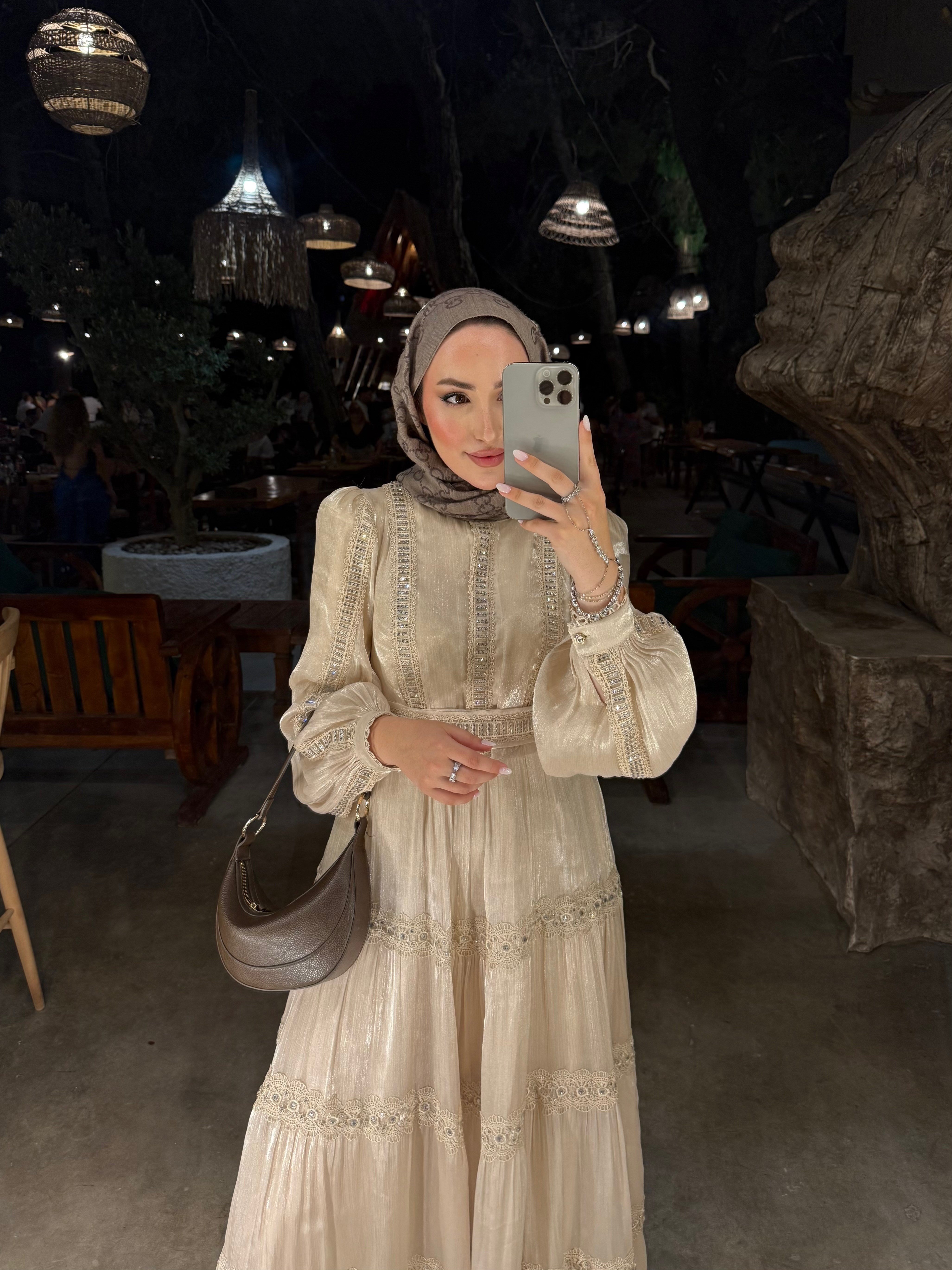 Alezia Taşlı İthal Elbise - Bej-3527