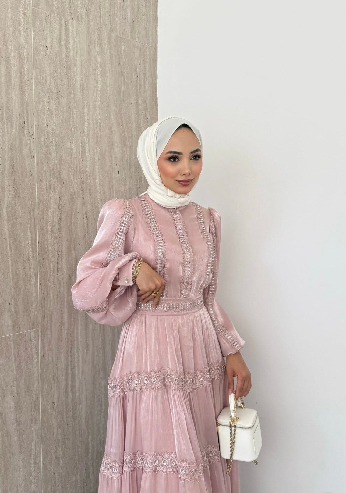 Alezia Taşlı İthal Elbise - Pudra-3527