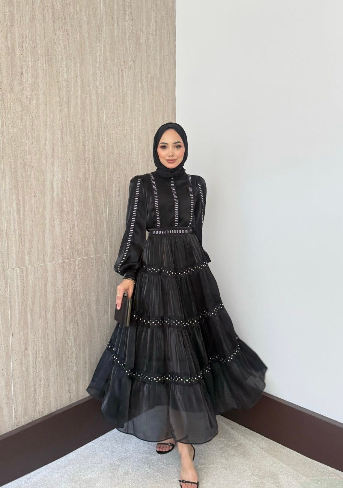Alezia Taşlı İthal Elbise - Siyah-3527