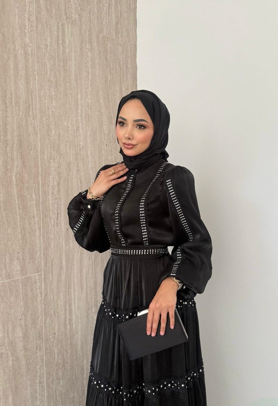 Alezia Taşlı İthal Elbise - Siyah-3527