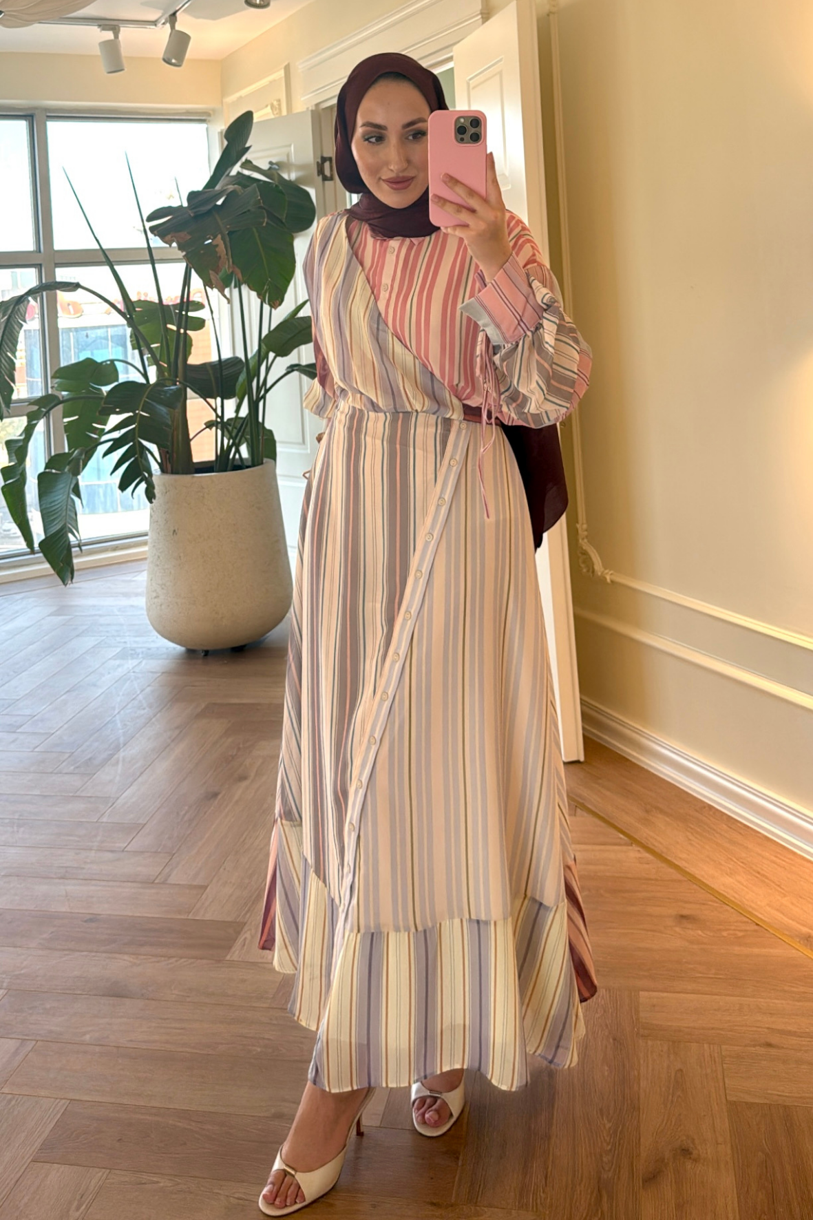 Çizgili Şifon Elbise - Lila-2389