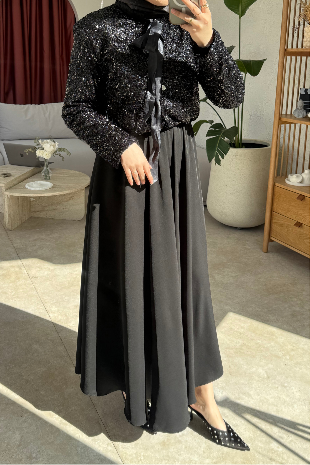 Duha Pul Payet Etekli Takım -Siyah-4987