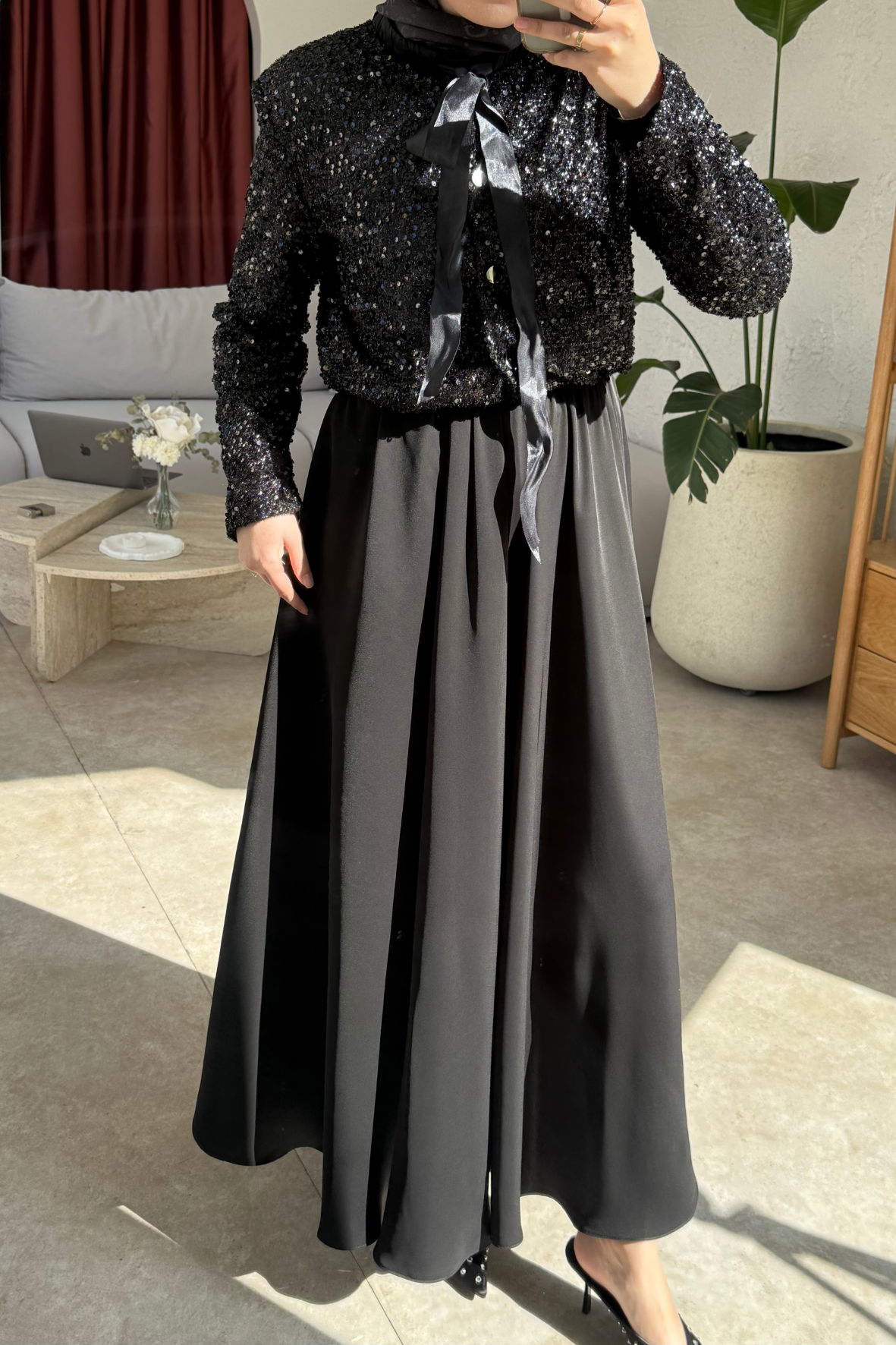 Duha Pul Payet Etekli Takım -Siyah-4987