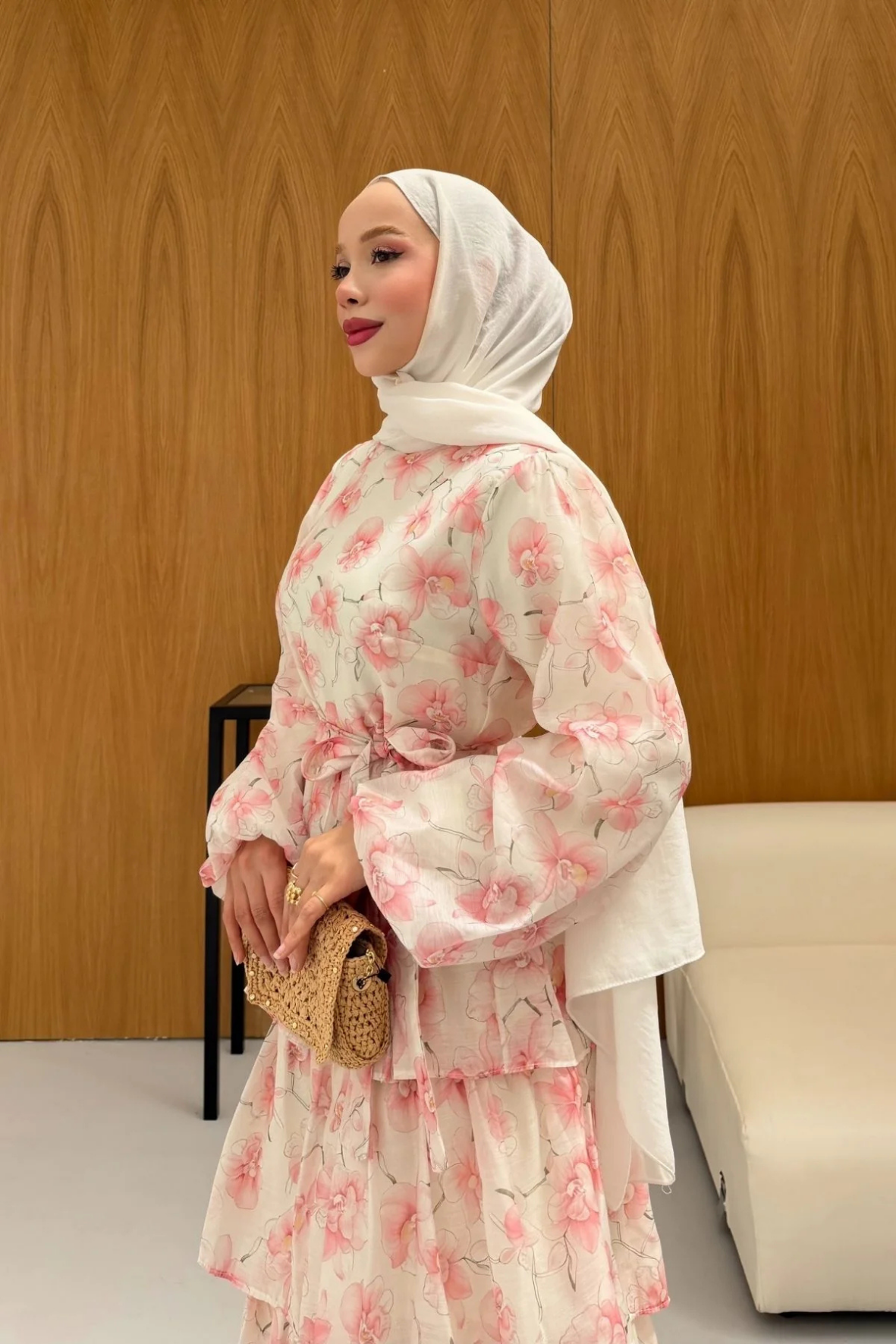 Eteği Kat Volanlı Bahar Desenli Elbise - Pembe-4371