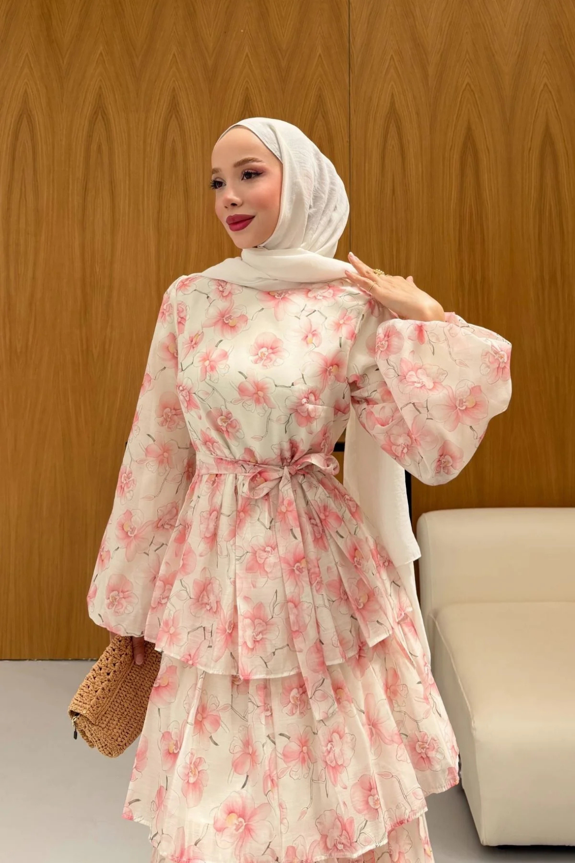 Eteği Kat Volanlı Bahar Desenli Elbise - Pembe-4371