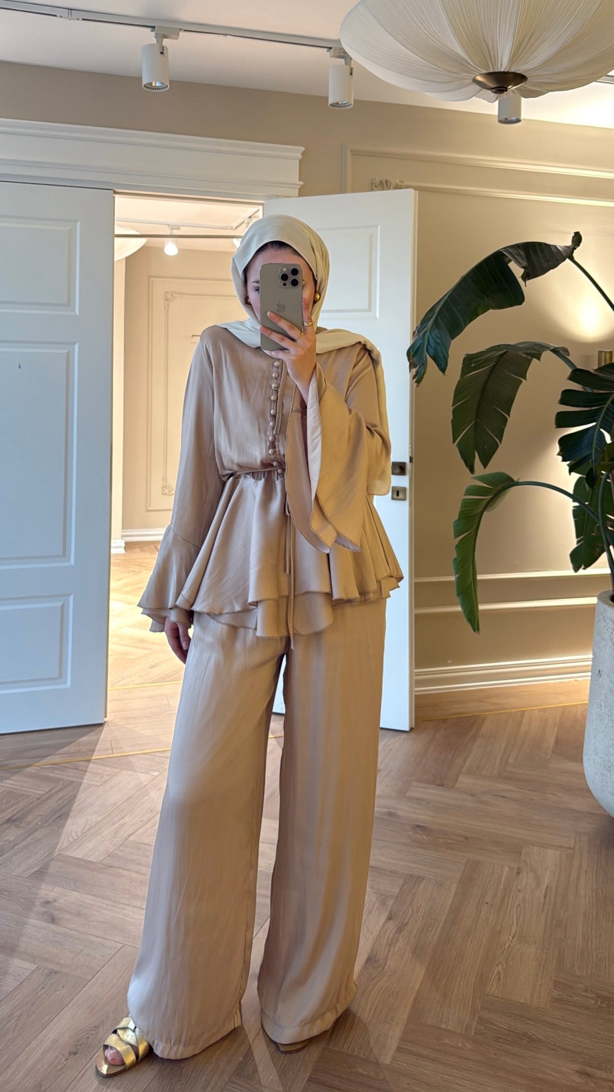 Flora Pantolonlu Takım Bej-4444