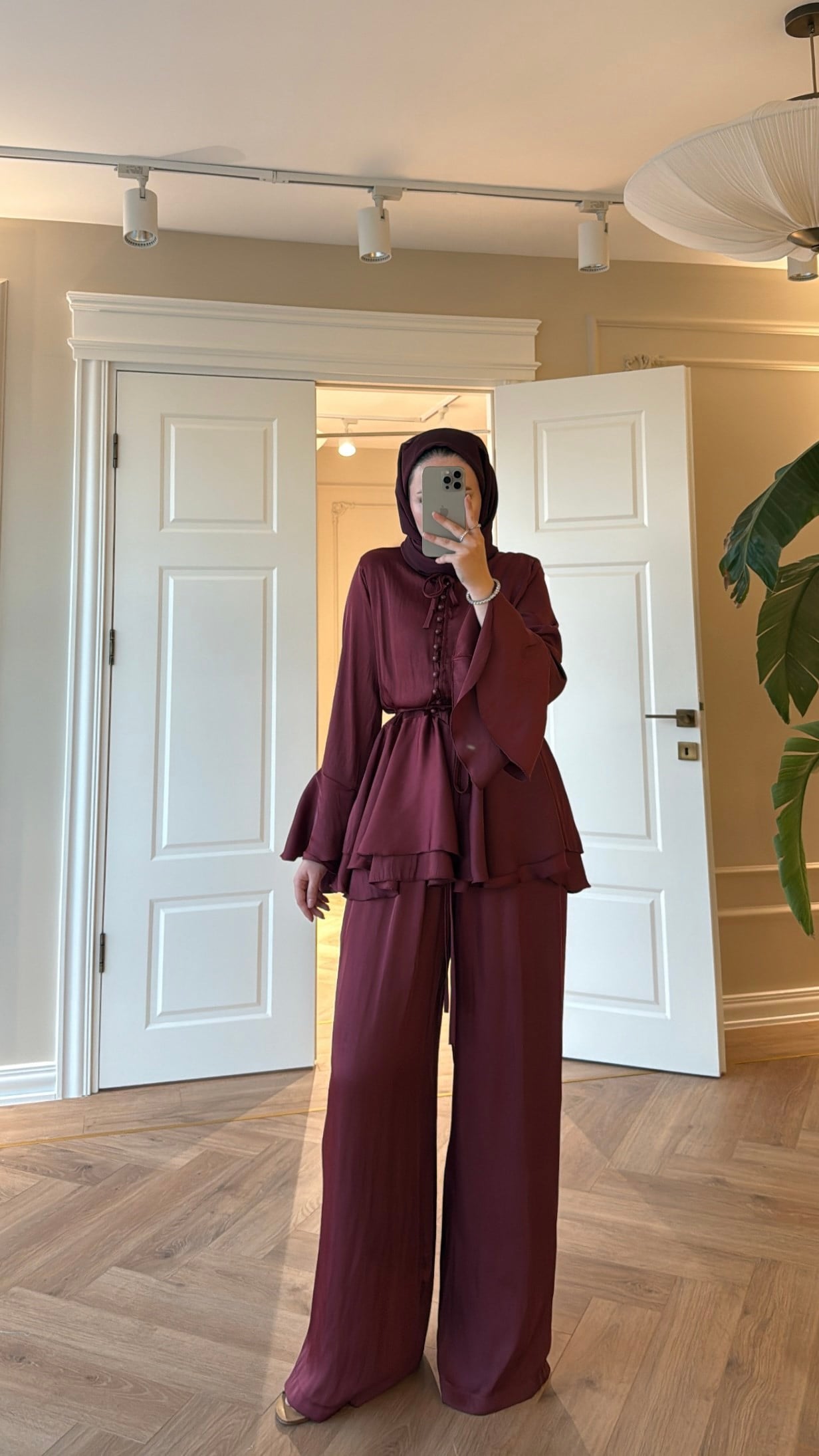 Flora Pantolonlu Takım Bordo-4444