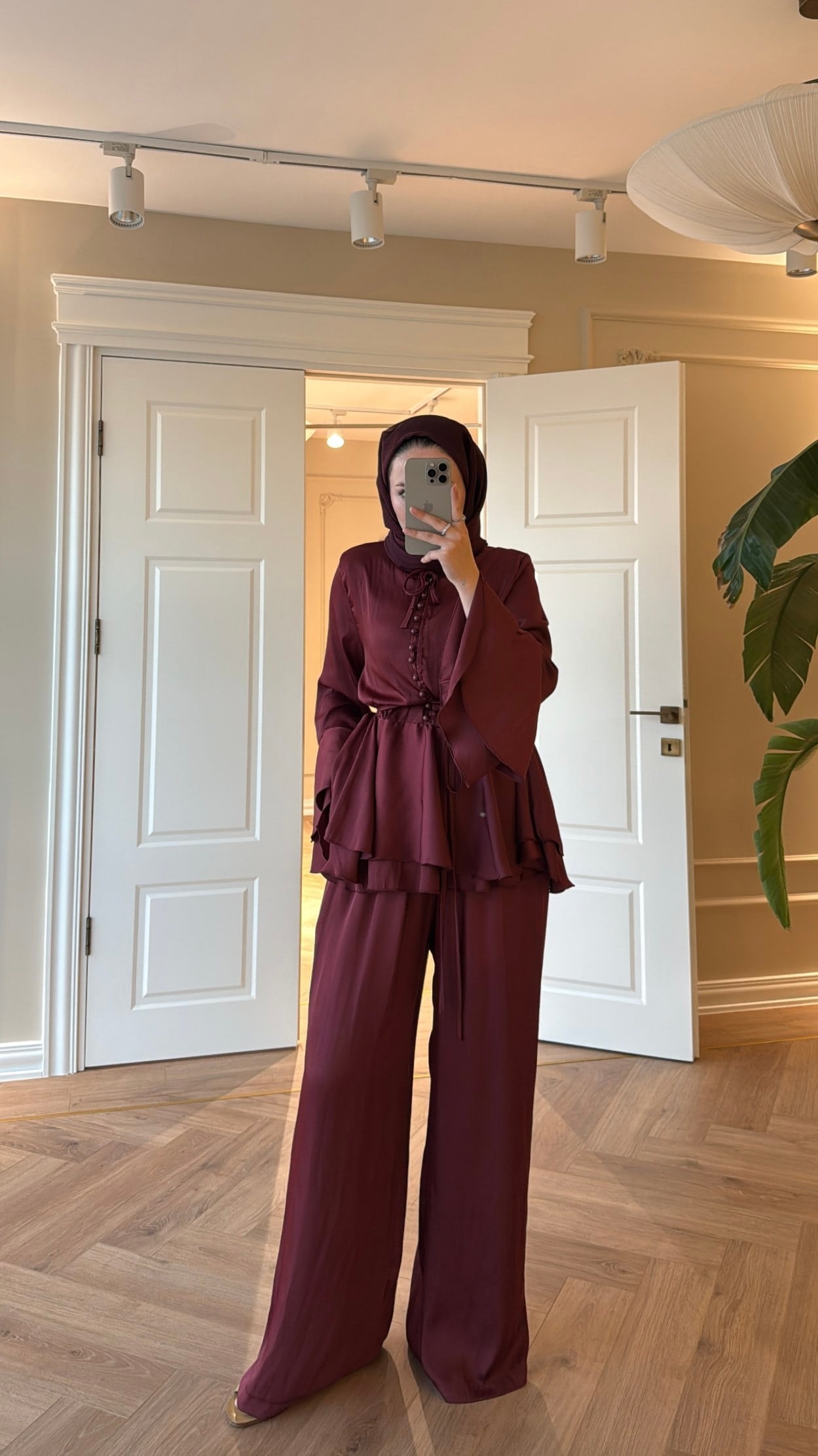 Flora Pantolonlu Takım Bordo-4444
