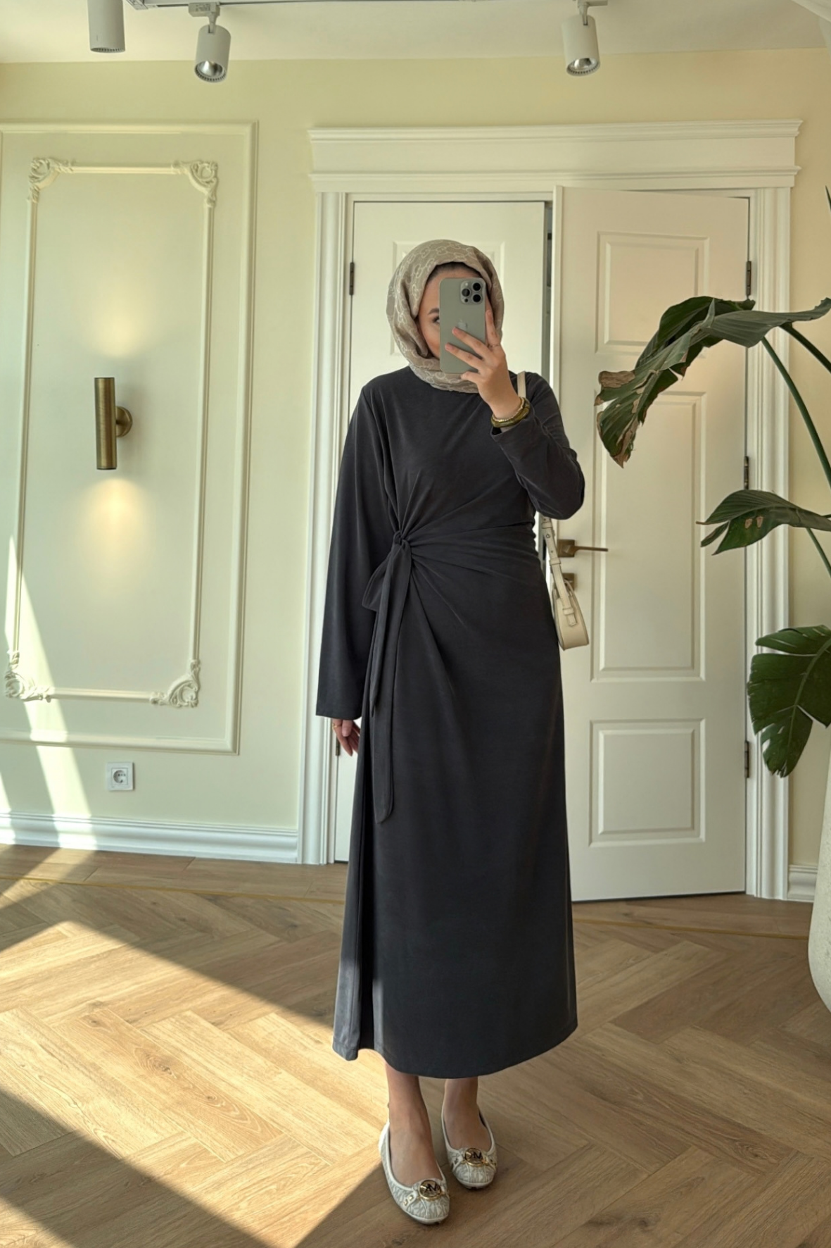 Floral Yandan Bağlama Detaylı Elbise-Antrasit-3532