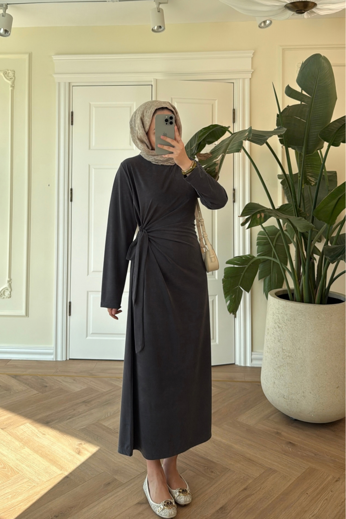 Floral Yandan Bağlama Detaylı Elbise-Antrasit-3532