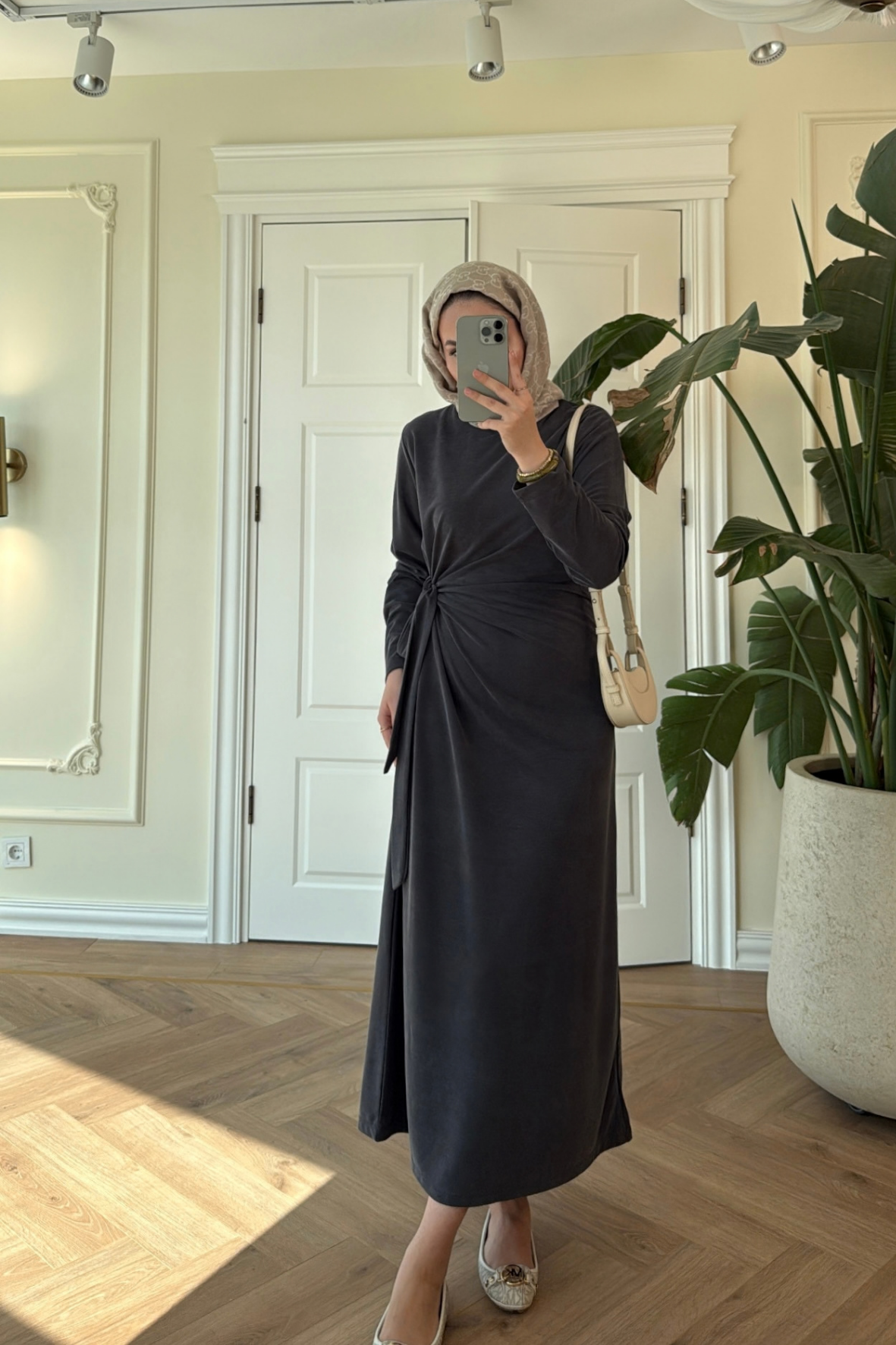 Floral Yandan Bağlama Detaylı Elbise-Antrasit-3532