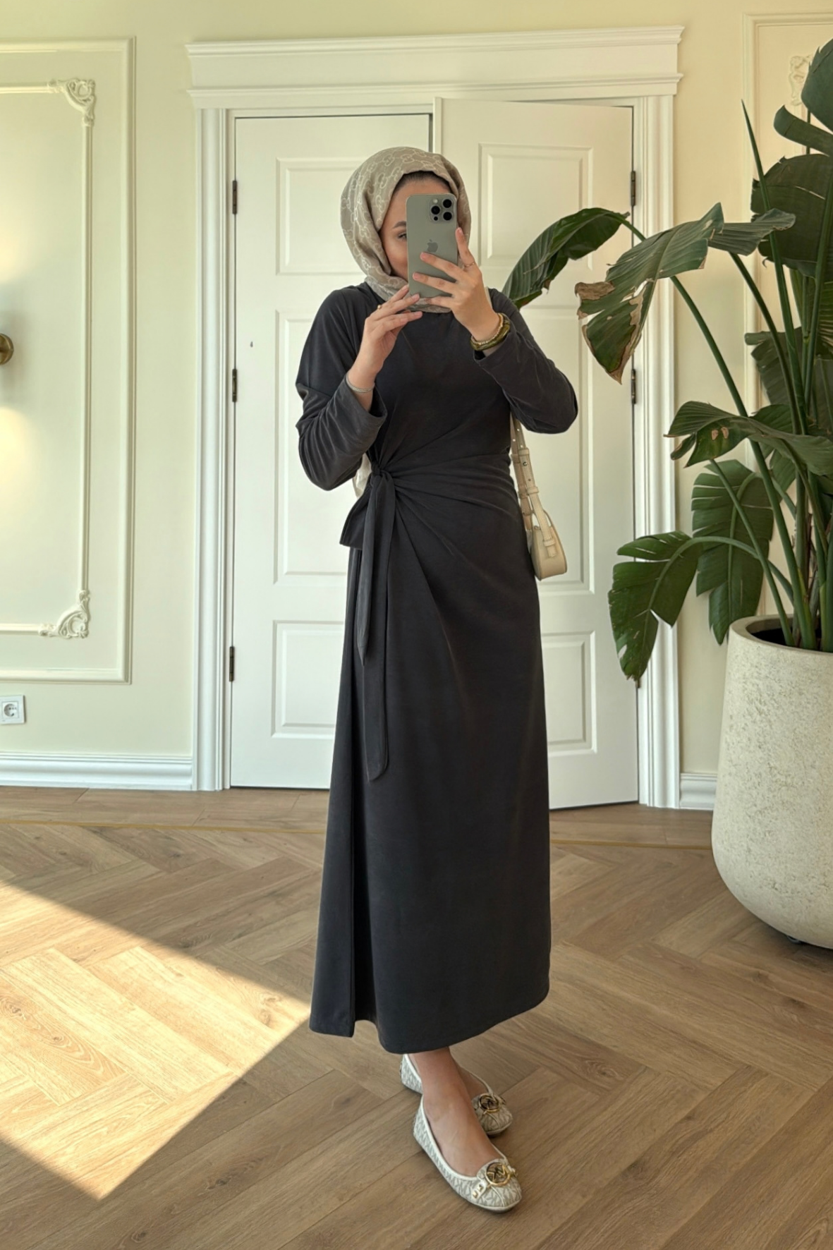 Floral Yandan Bağlama Detaylı Elbise-Antrasit-3532