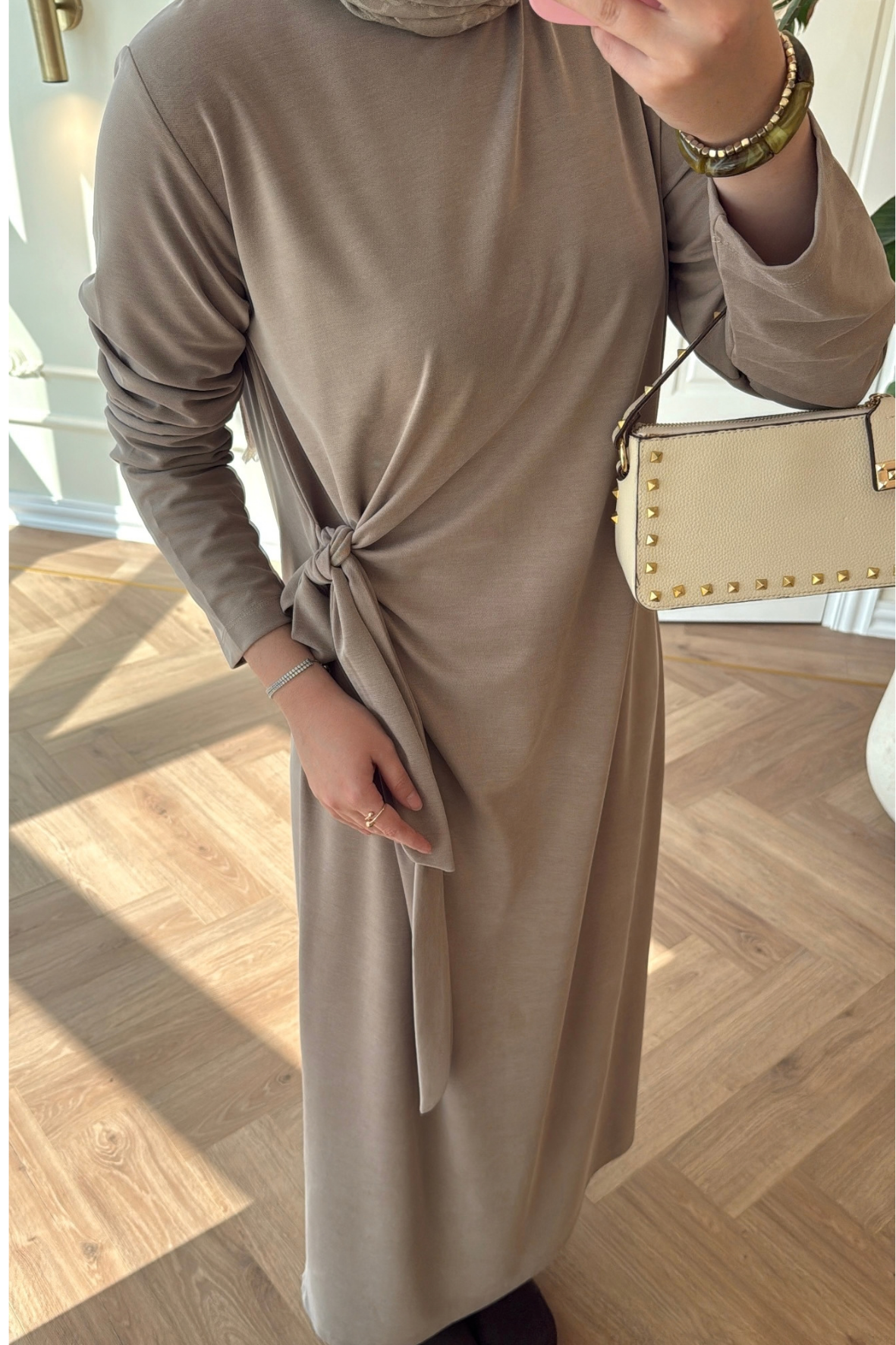Floral Yandan Bağlama Detaylı Elbise-Vizon-3532