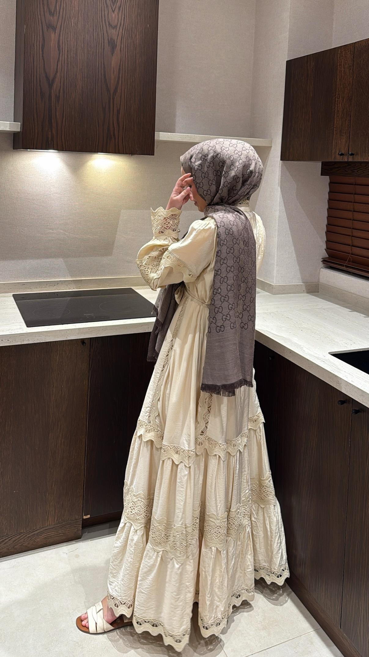 İthal Dantelli Elbise - Bej-8596