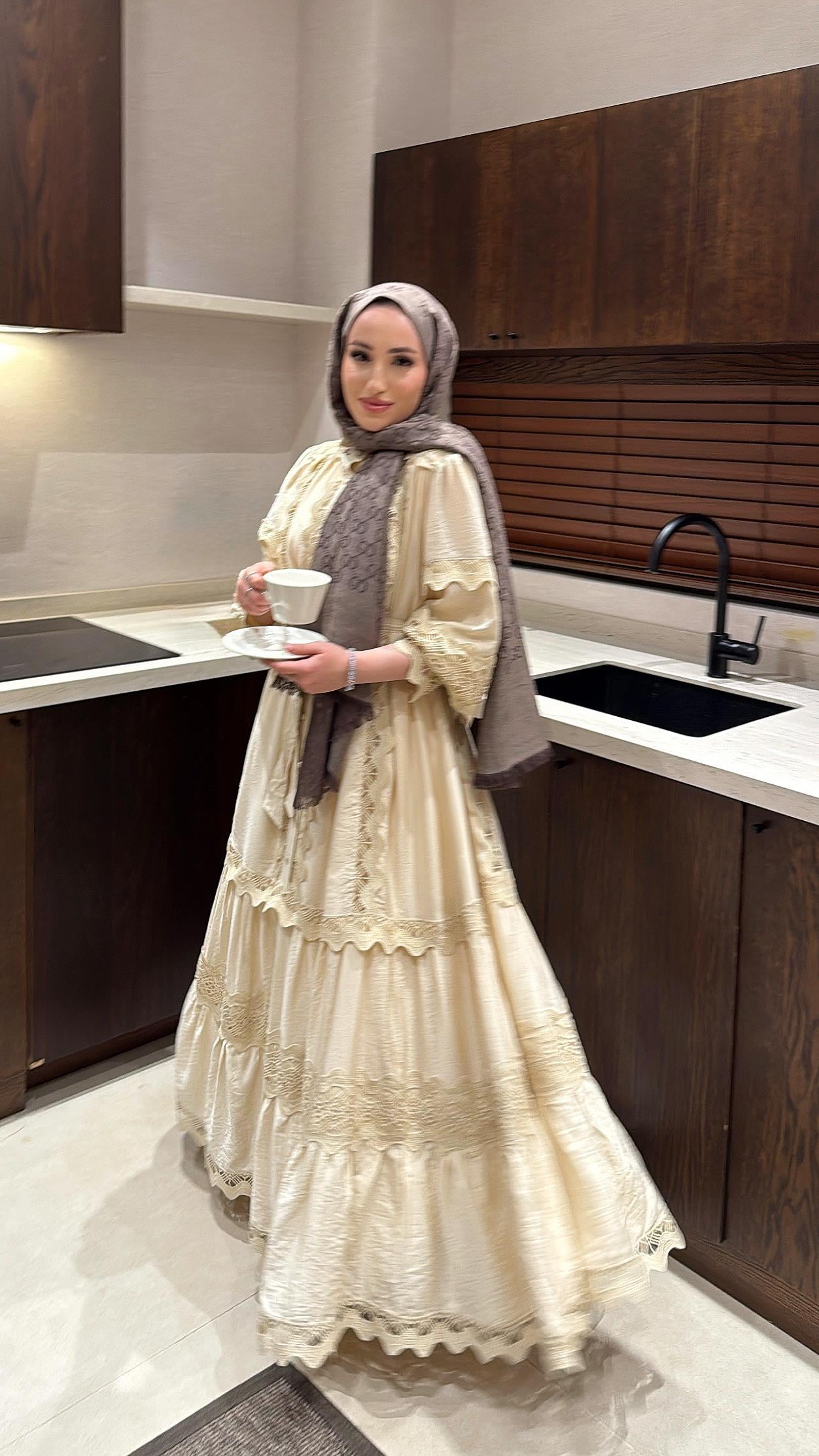 İthal Dantelli Elbise - Bej-8596