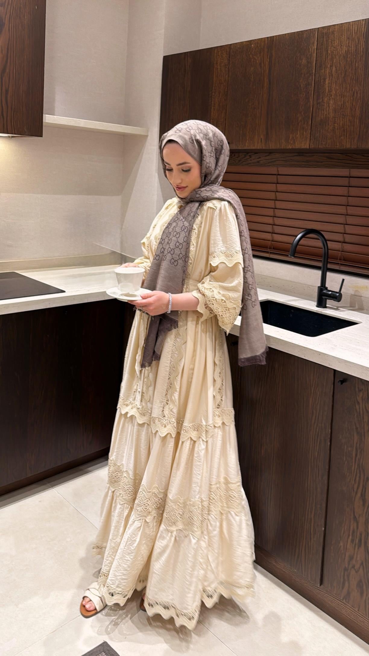 İthal Dantelli Elbise - Bej-8596