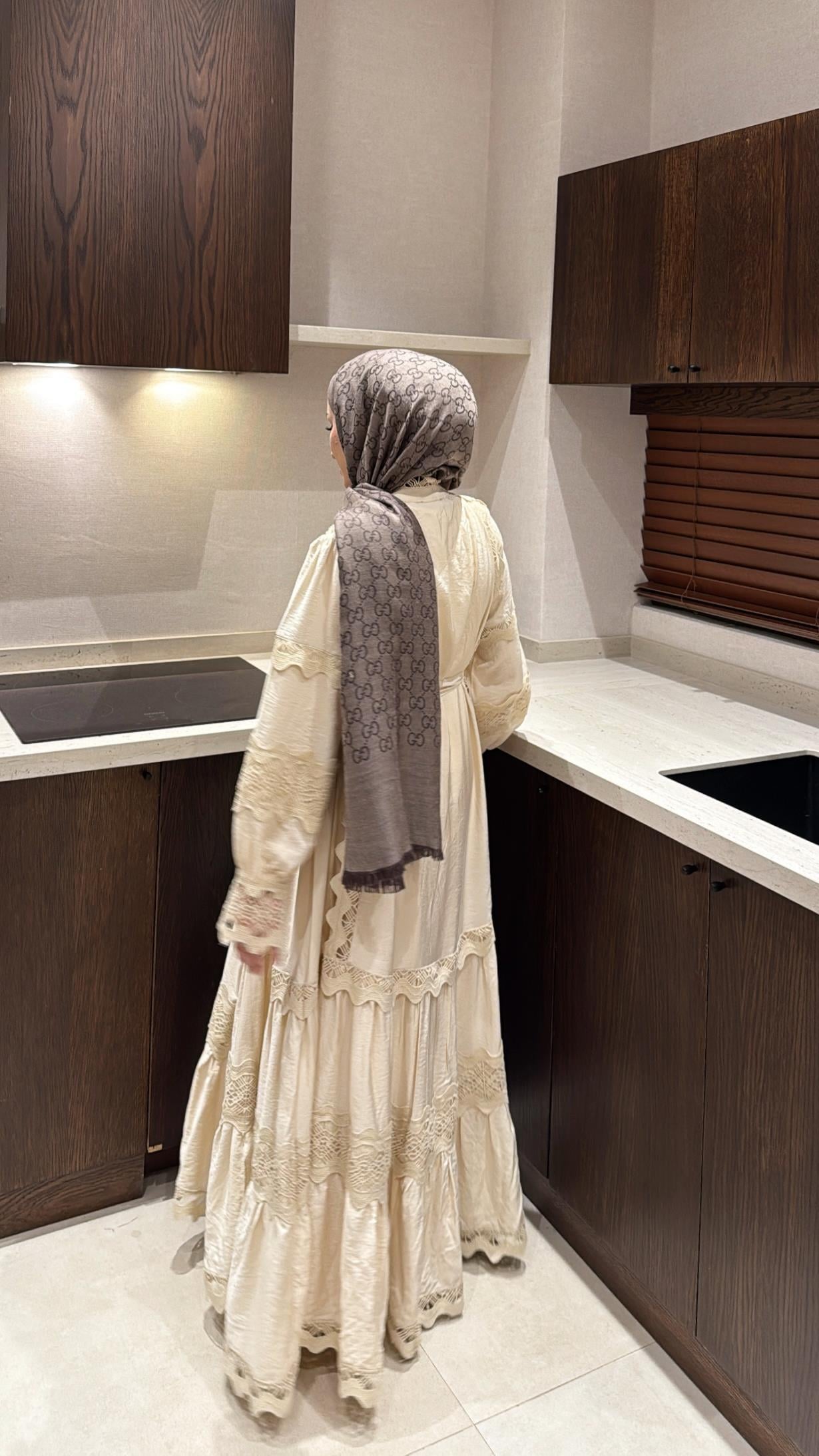 İthal Dantelli Elbise - Bej-8596