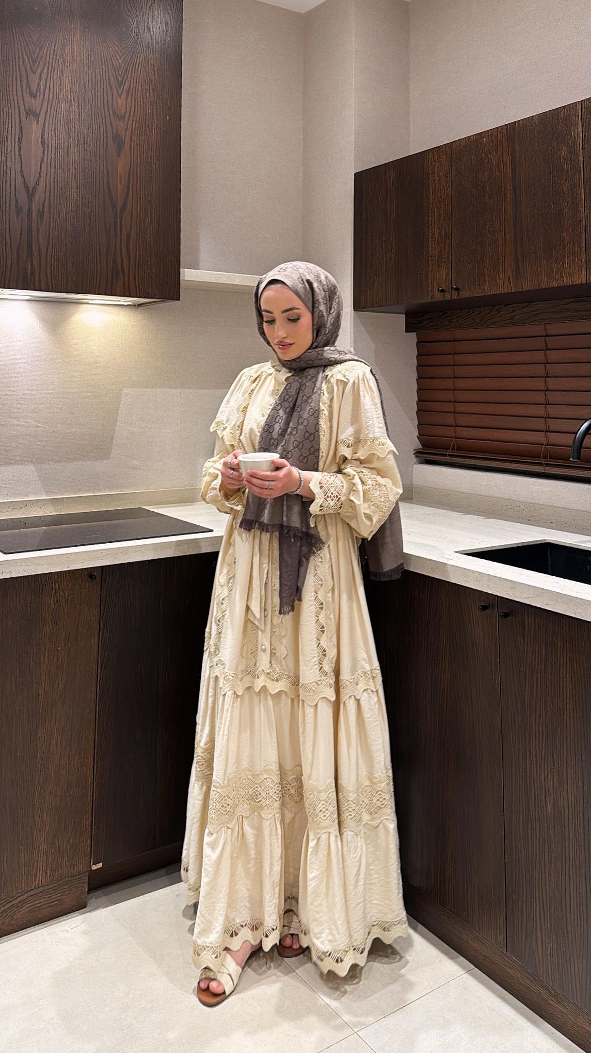 İthal Dantelli Elbise - Bej-8596