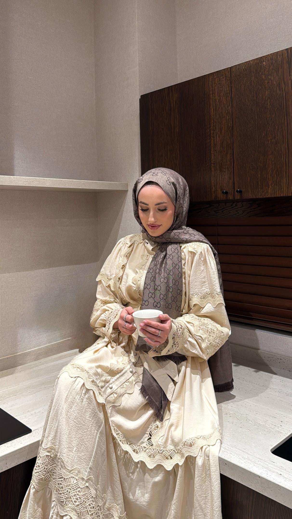 İthal Dantelli Elbise - Bej-8596