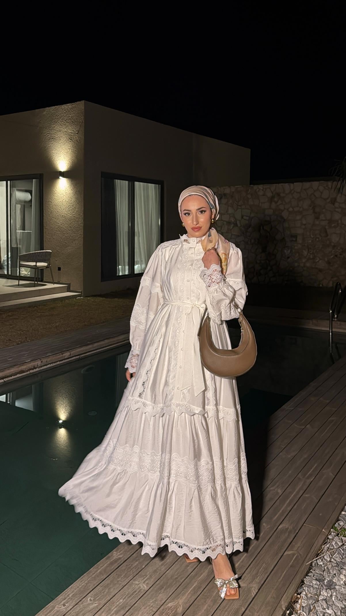 Dantelli Elbise - Ekru-8596