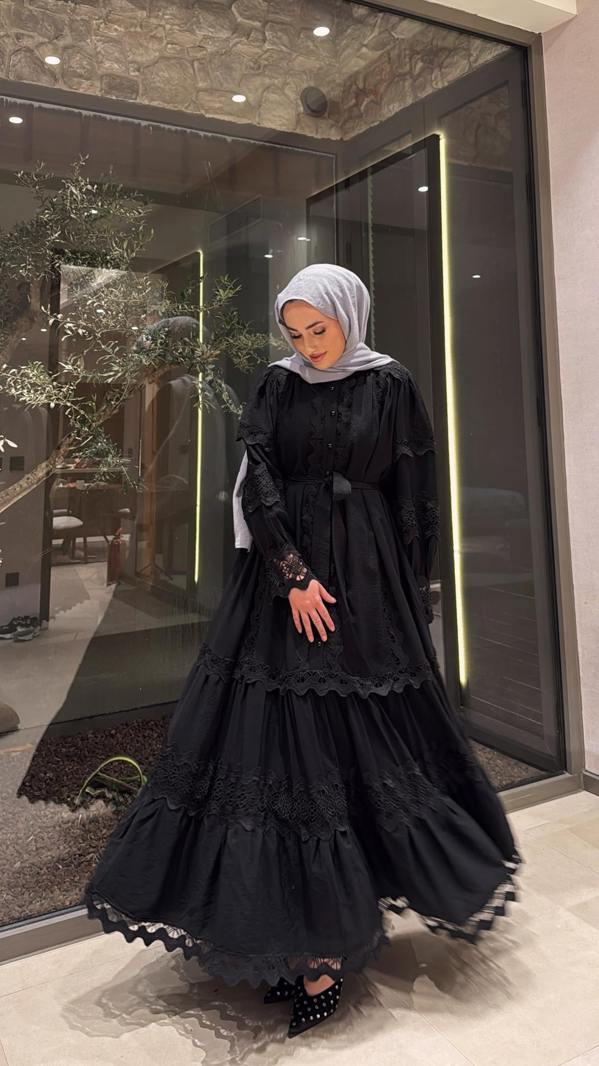 Dantelli Elbise - Siyah-8596