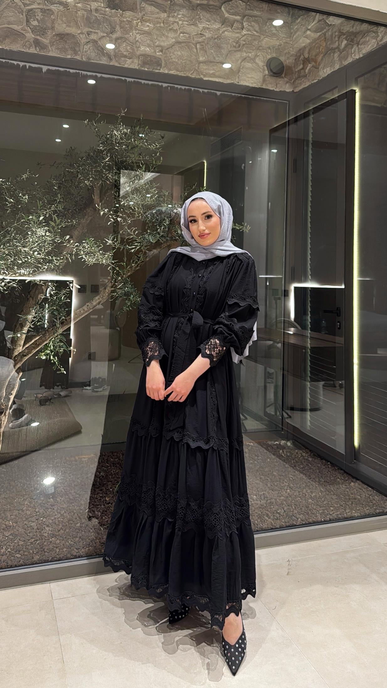 Dantelli Elbise - Siyah-8596