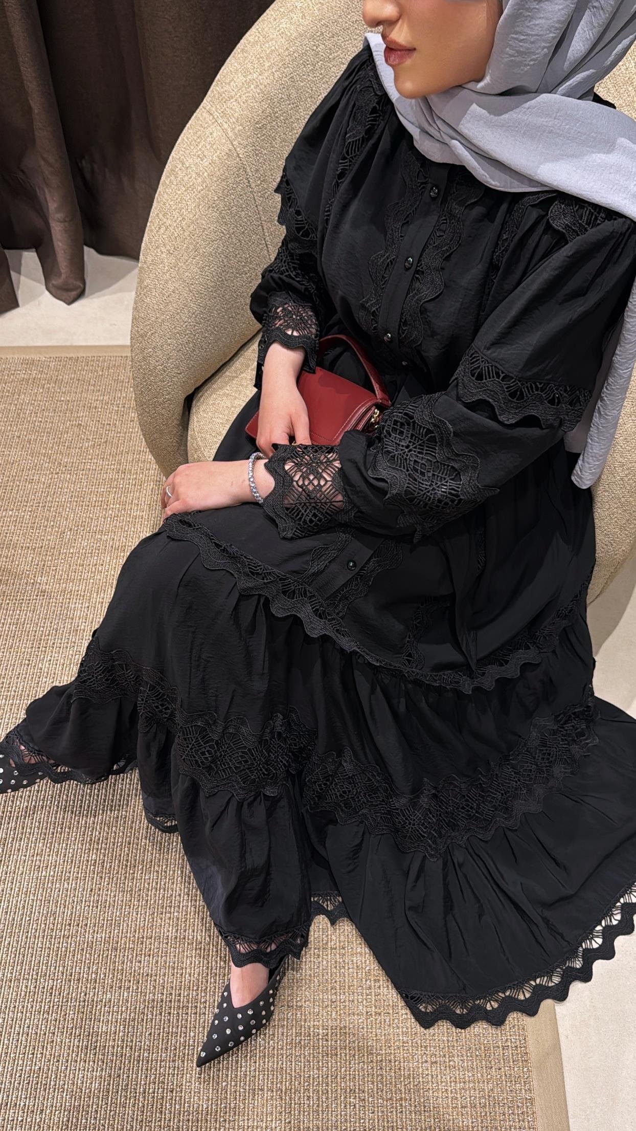 Dantelli Elbise - Siyah-8596