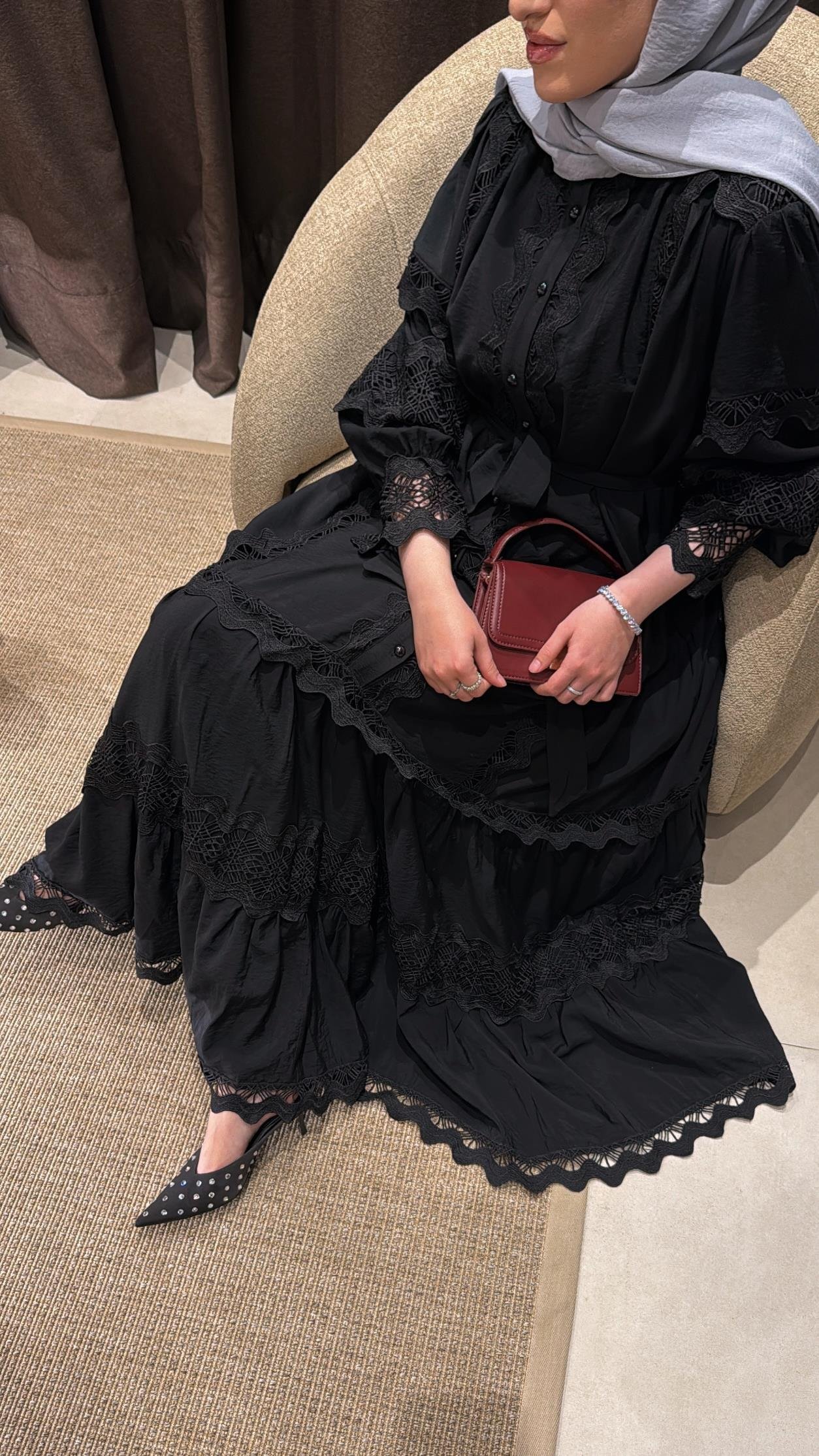 Dantelli Elbise - Siyah-8596