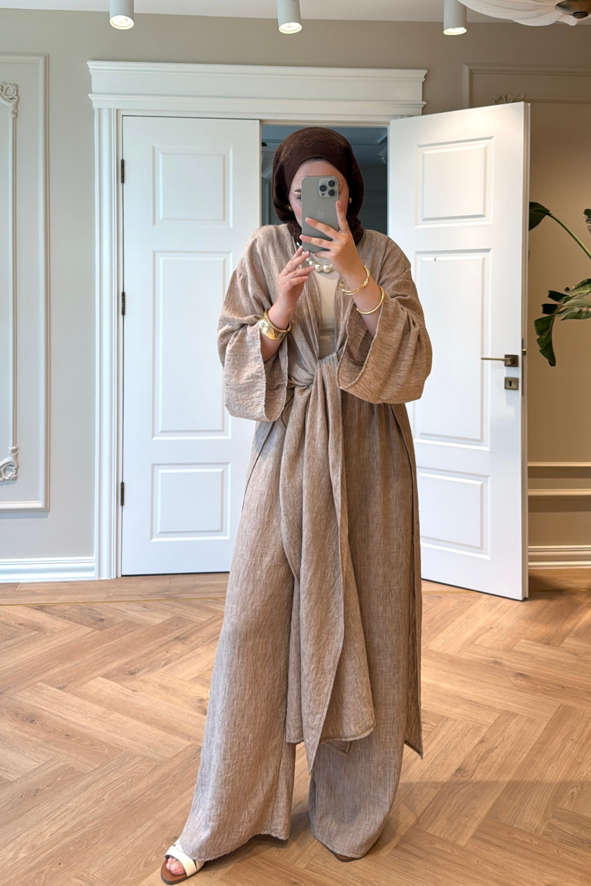 Keten Kimono Takım - Kahverengi-5719