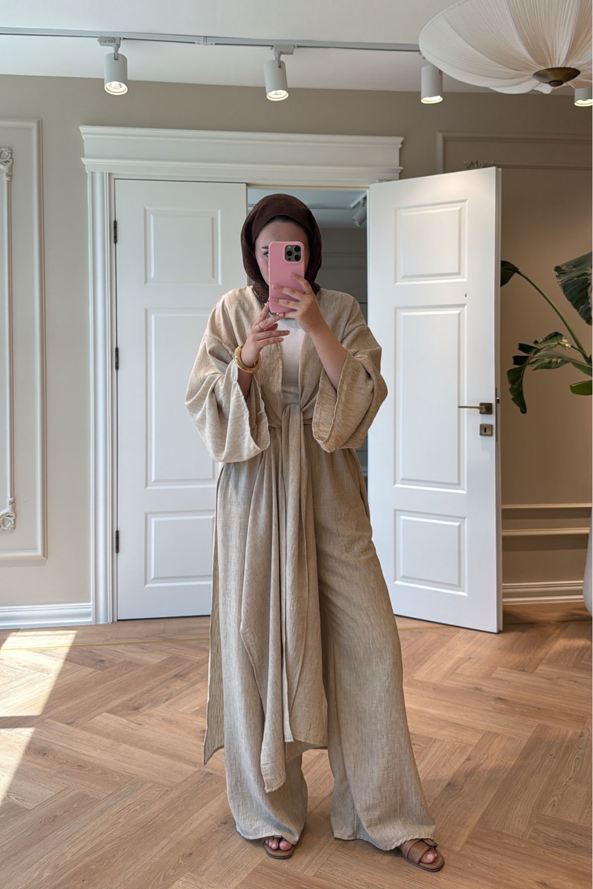Keten Kimono Takım - Vizon-5719