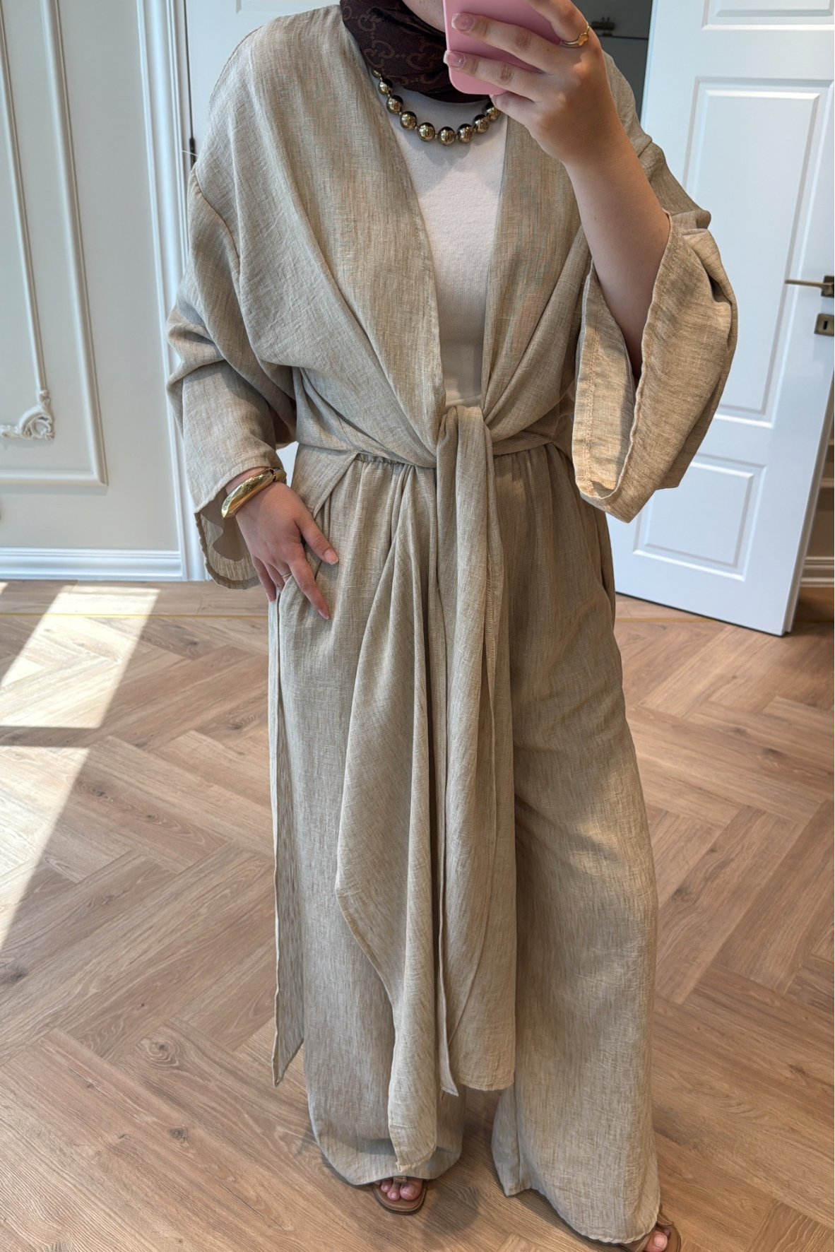 Keten Kimono Takım - Vizon-5719