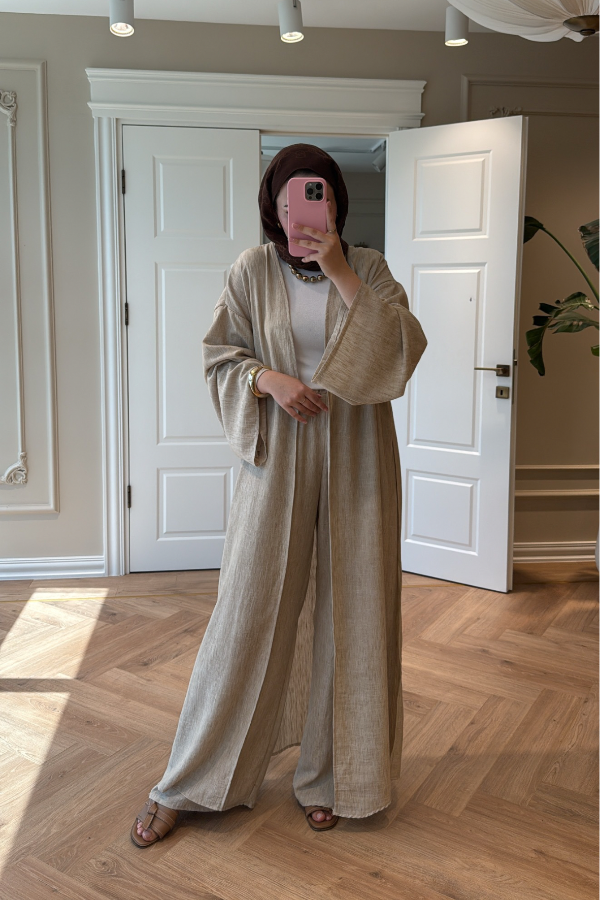 Keten Kimono Takım - Vizon-5719