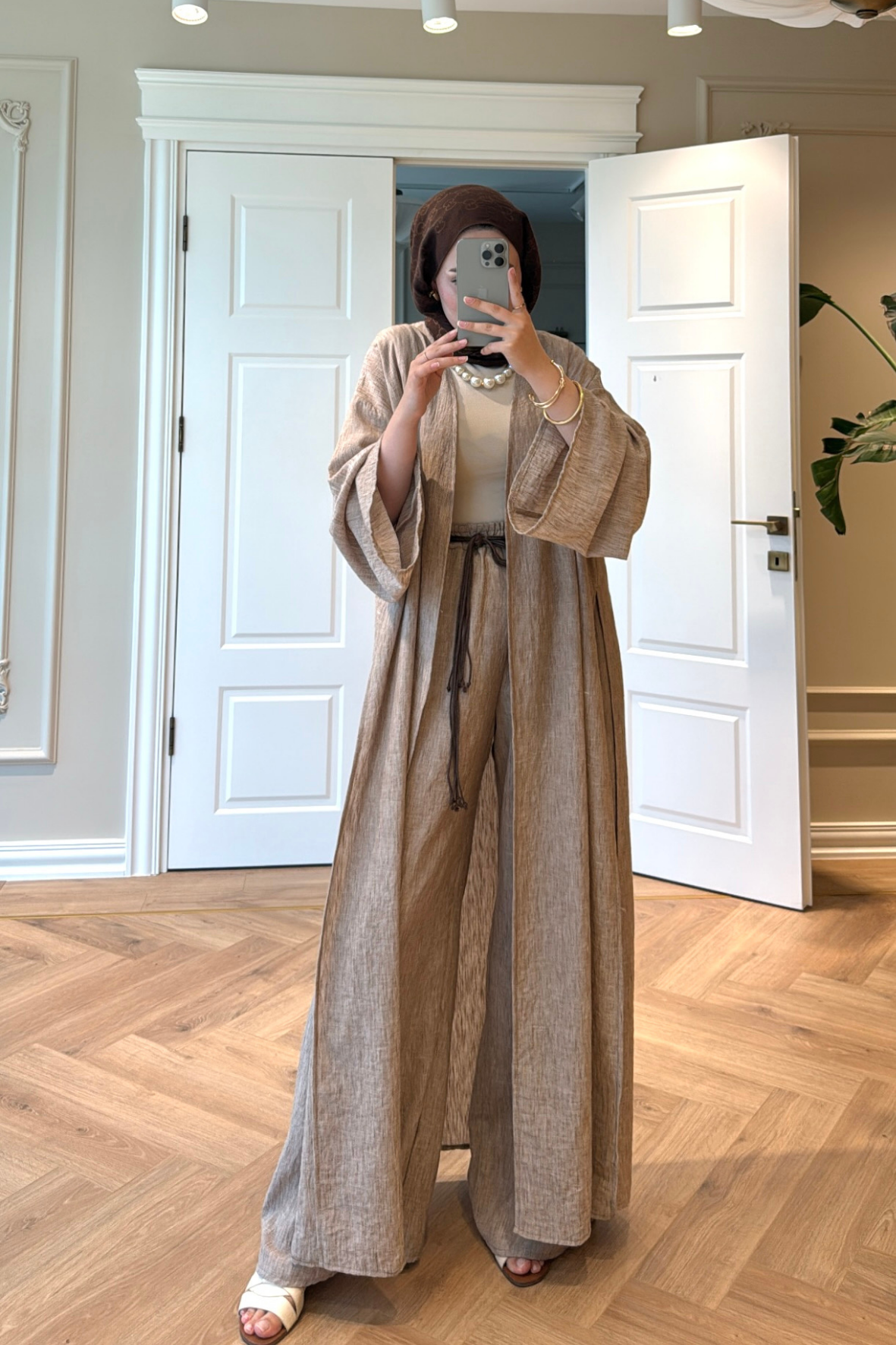 Keten Kimono Takım - Vizon-5719
