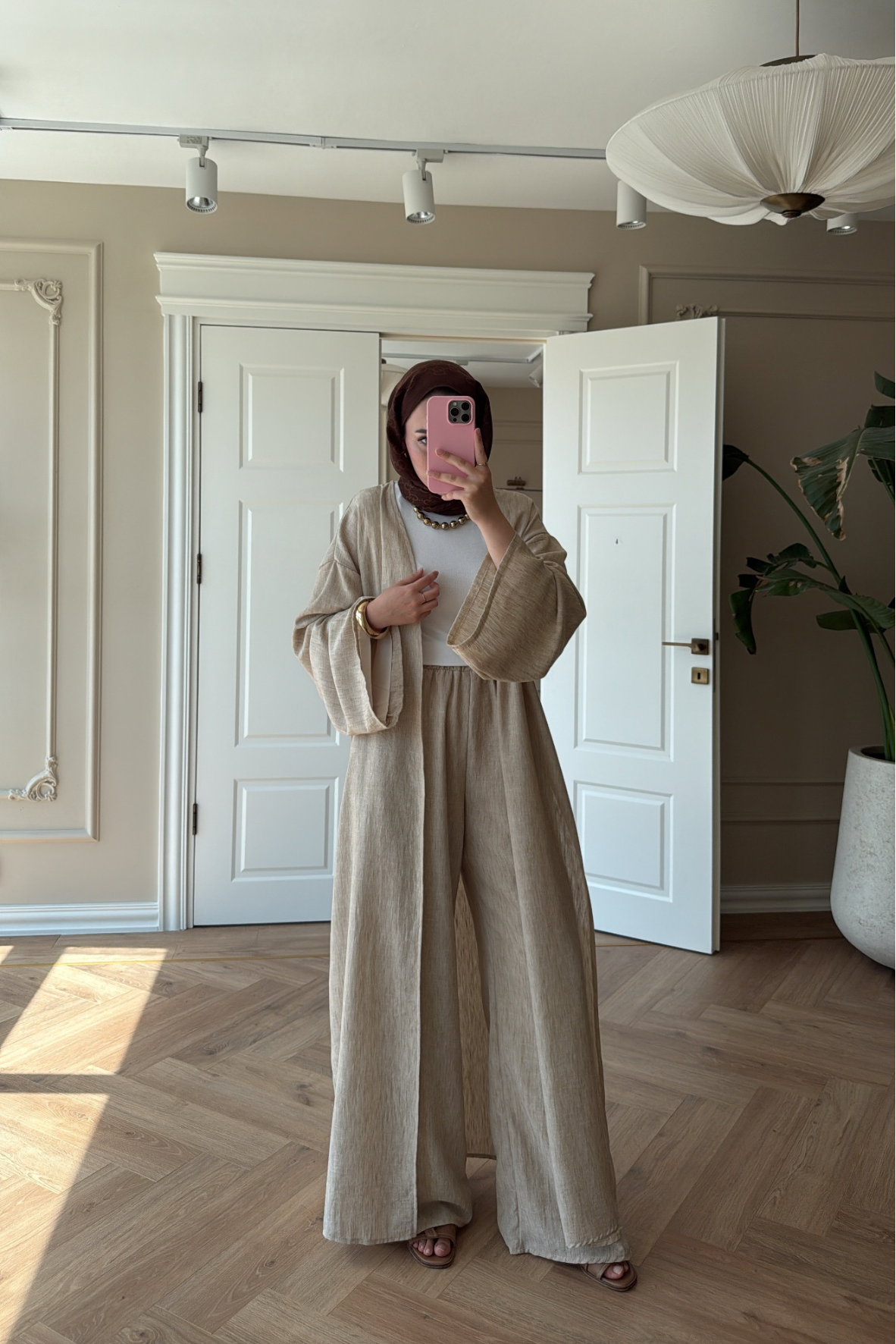 Keten Kimono Takım - Vizon-5719